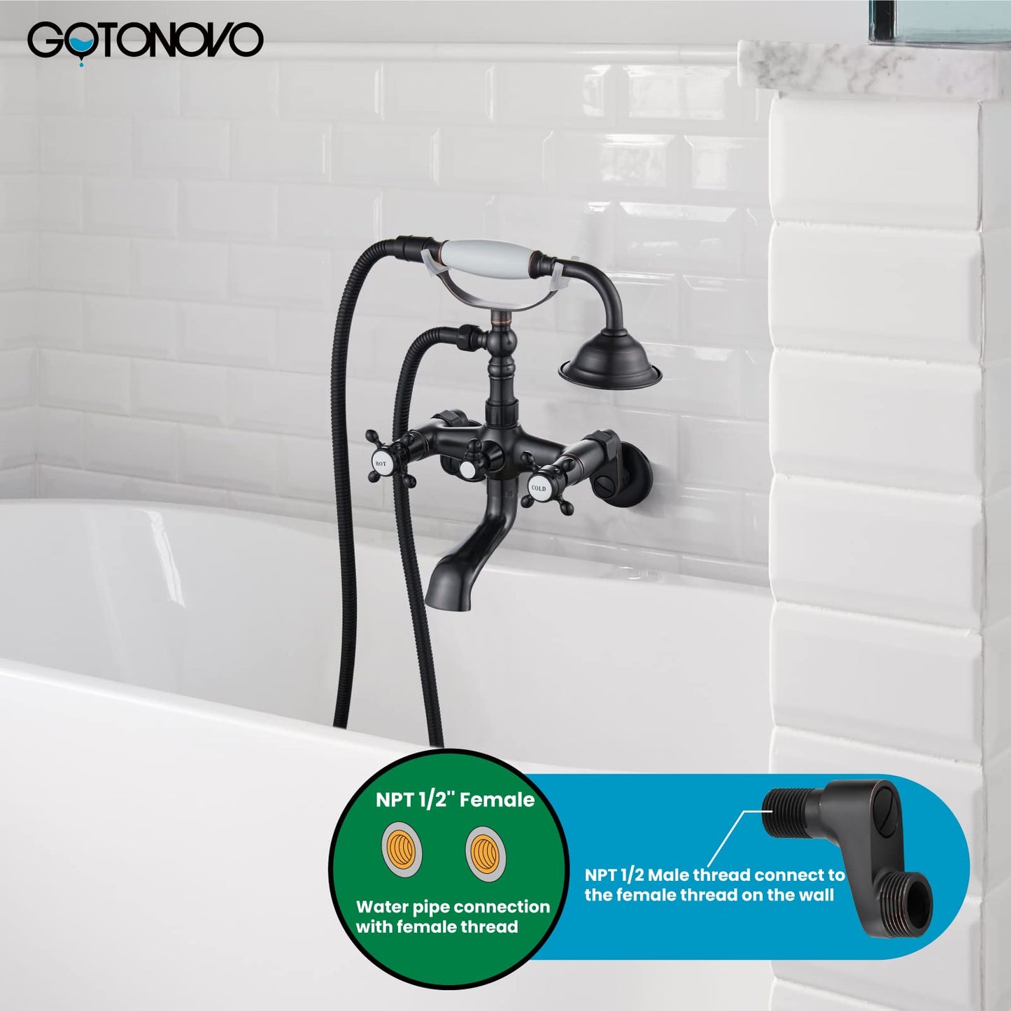 gotonovo Bathtub Clawfoot Faucet Brushed Nickel Finish Wall Mount Tub Filler with Hand Held Shower Faucet 2 Cross Handles with Tub Spout Victorian Vintage Telephone Style