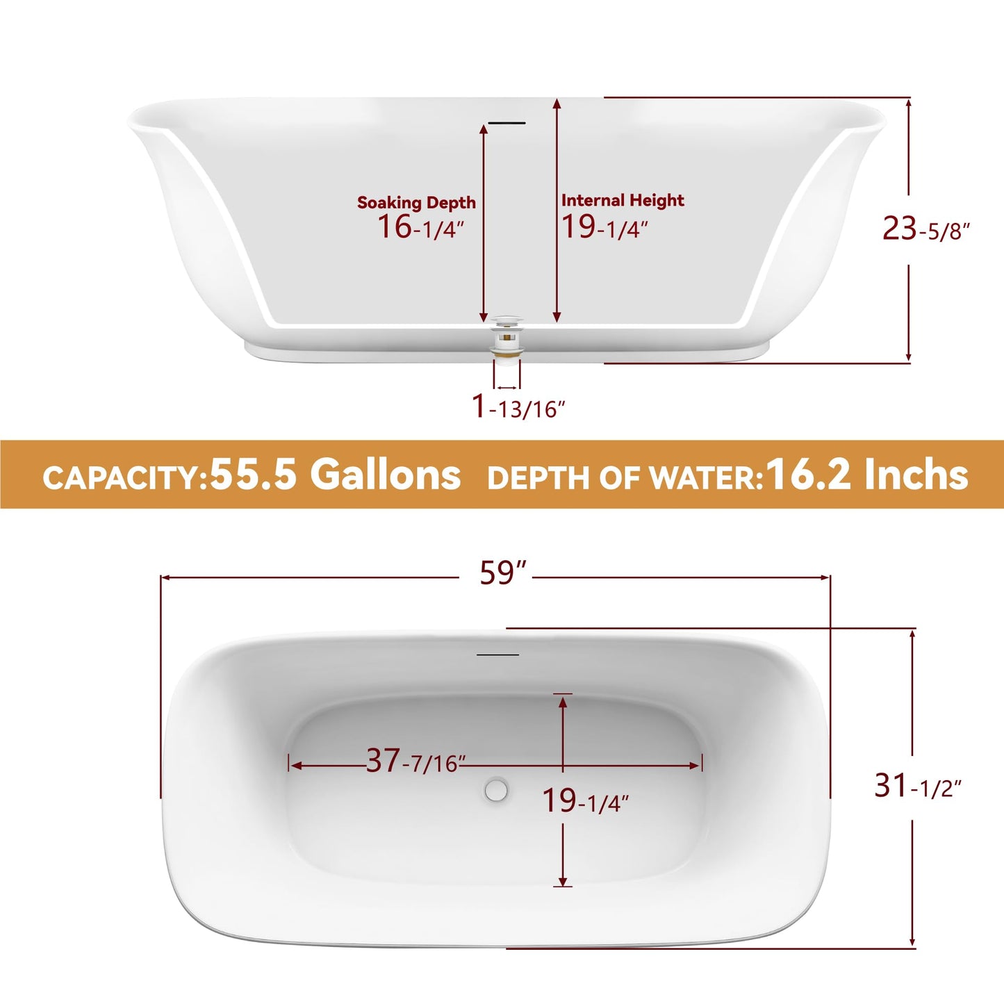 59 in. High-back Free Standing Tub, Contemporary Soaking Tub, Bathroom Stand Alone Freestanding Bathtub Overflow and Drain (Glossy White)