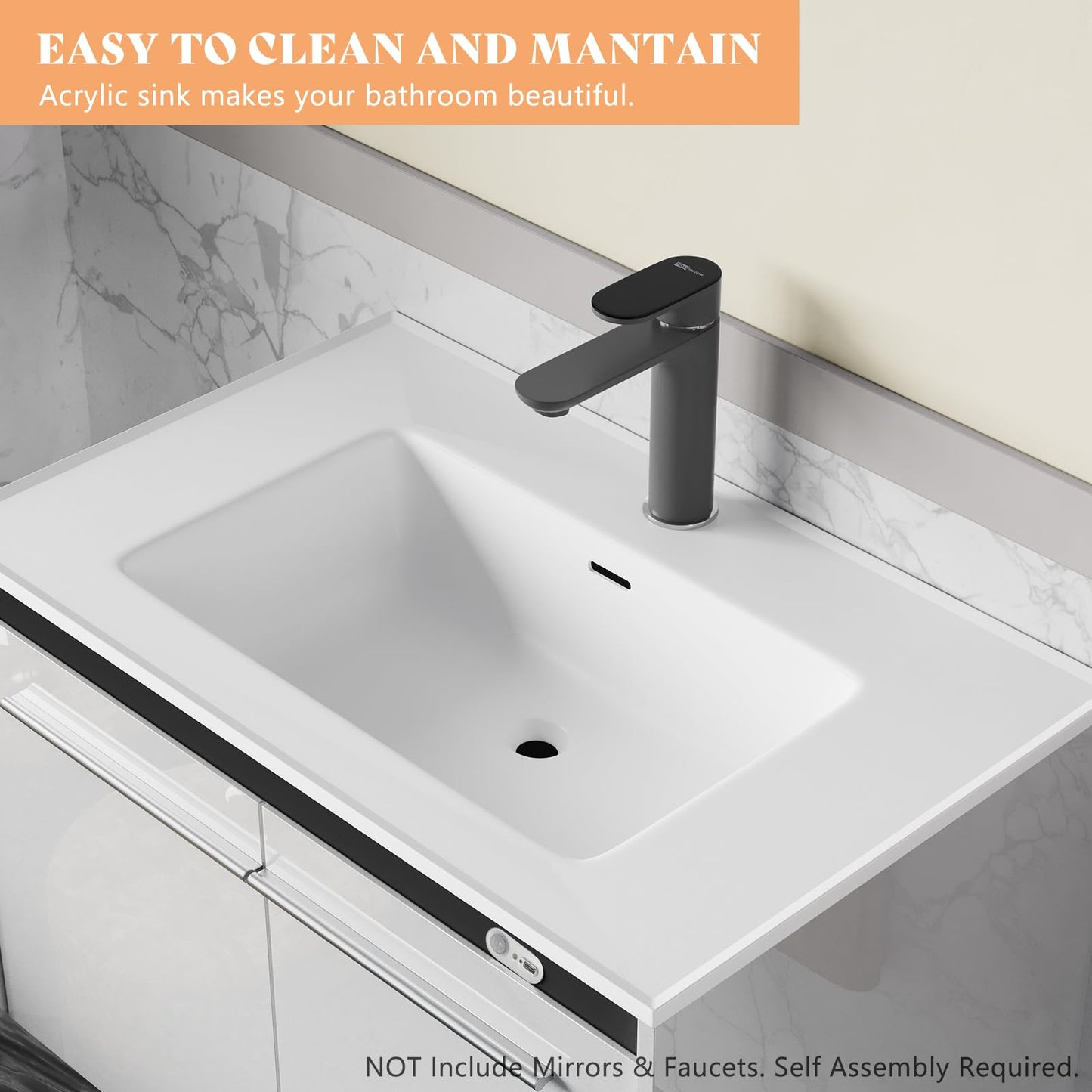 AMERLIFE 31" LED Floating Bathroom Vanity with Sink, High Gloss Single Sink Wall Mounted Bathroom Storage Vanity Cabinet, Modern Bathroom Sink Cabinet with Metal Handles, White