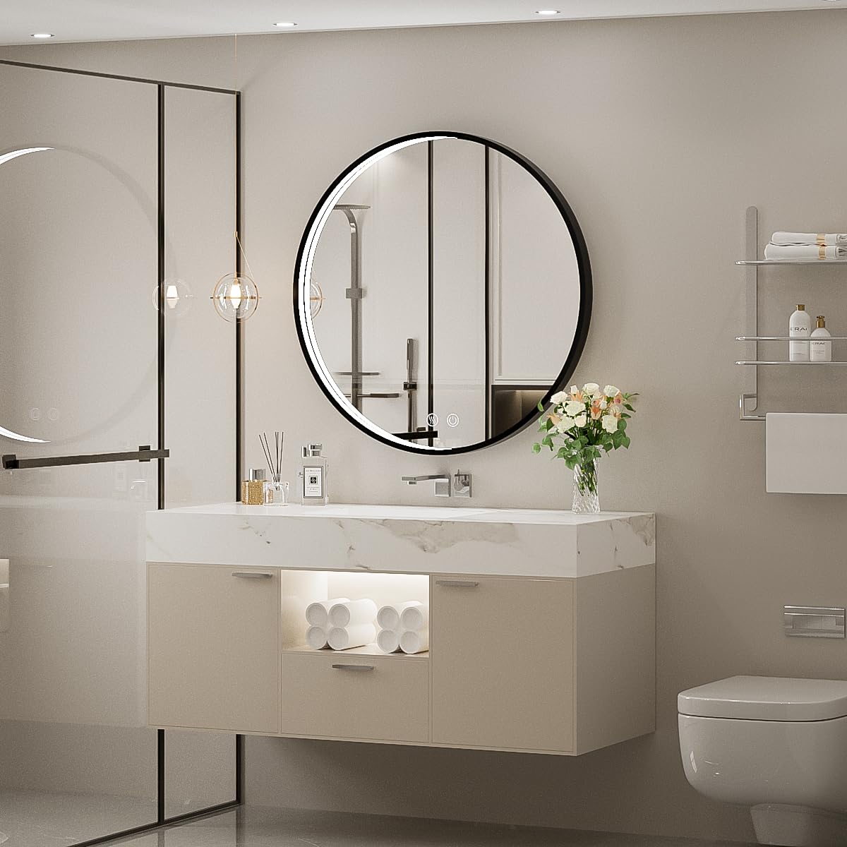 LED Round Mirror,36 Inch Gold Frame Bathroom Mirror with Light,6000K Lighted Vanity Mirror,Wall Mounted,Anti-Fog & Dimmable Touch Switch, Waterproof IP54
