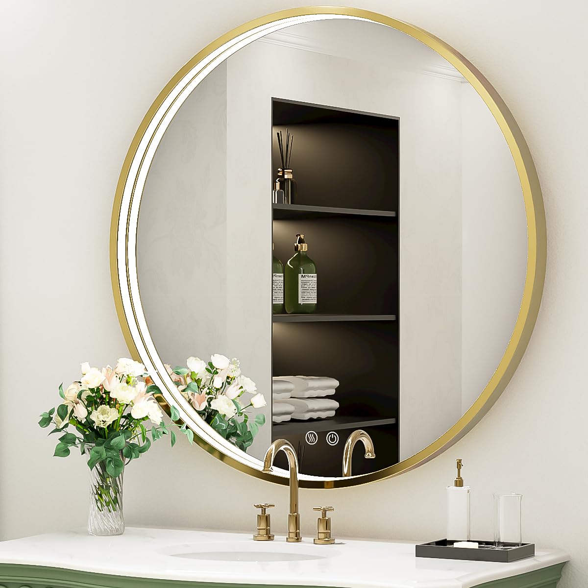 LED Round Mirror,36 Inch Gold Frame Bathroom Mirror with Light,6000K Lighted Vanity Mirror,Wall Mounted,Anti-Fog & Dimmable Touch Switch, Waterproof IP54