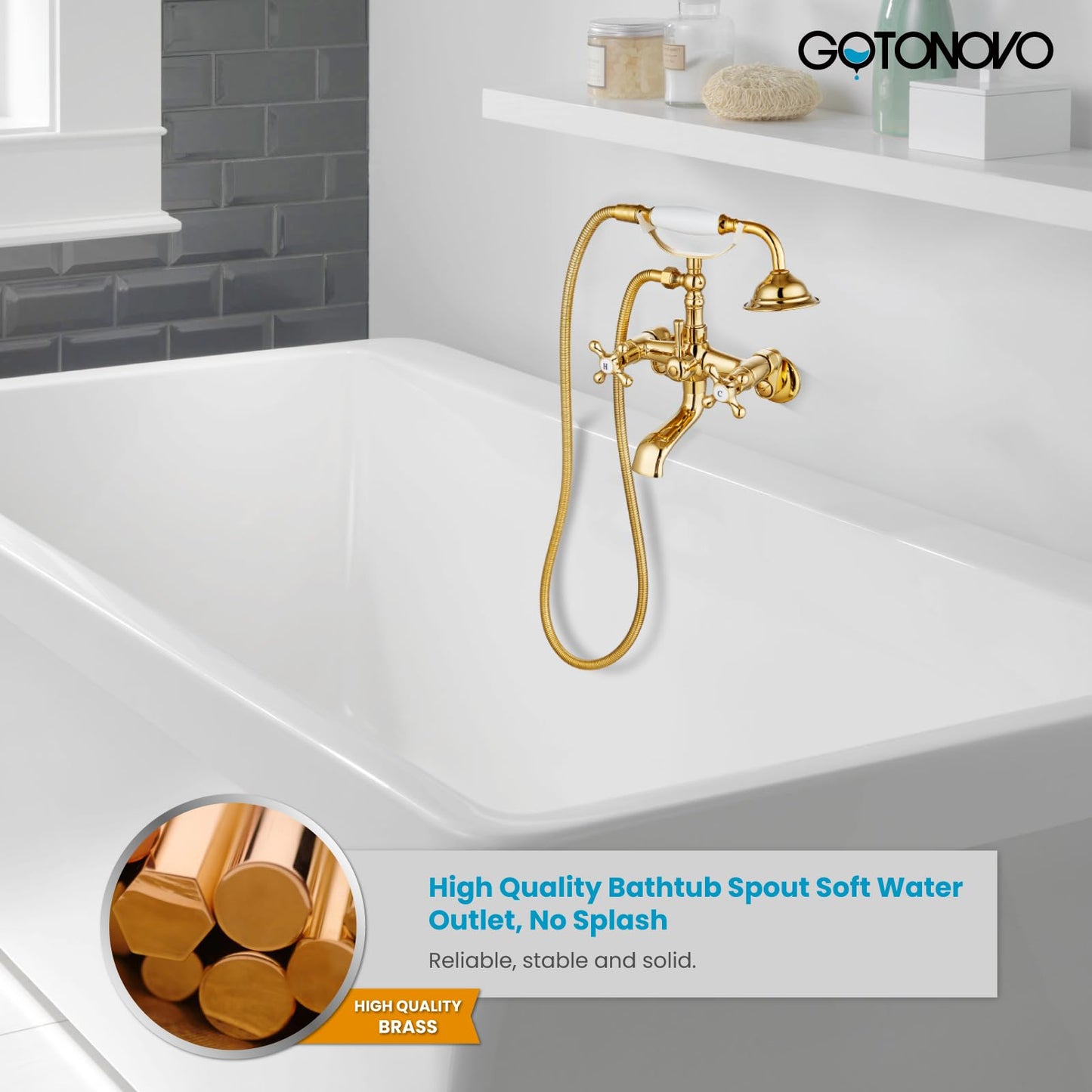 gotonovo Bathtub Clawfoot Faucet Brushed Nickel Finish Wall Mount Tub Filler with Hand Held Shower Faucet 2 Cross Handles with Tub Spout Victorian Vintage Telephone Style