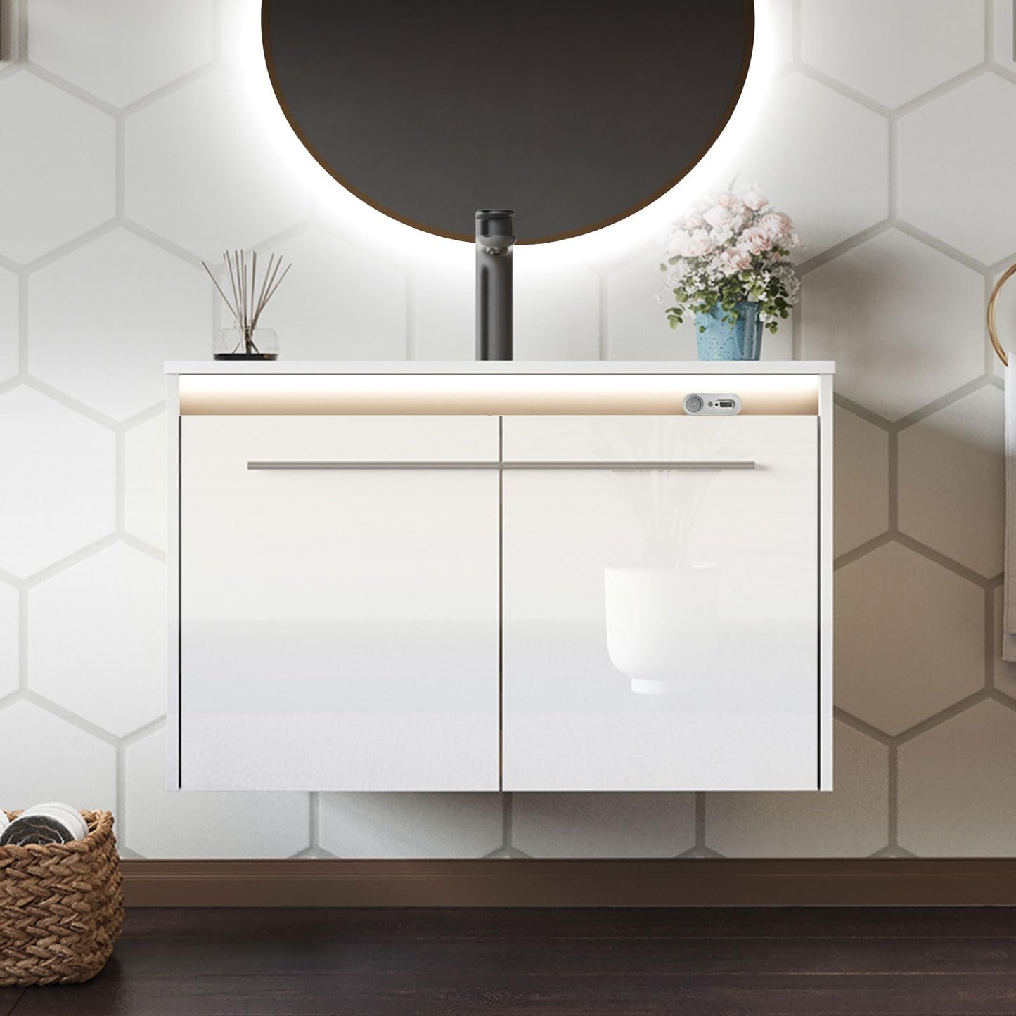 AMERLIFE 31" LED Floating Bathroom Vanity with Sink, High Gloss Single Sink Wall Mounted Bathroom Storage Vanity Cabinet, Modern Bathroom Sink Cabinet with Metal Handles, White