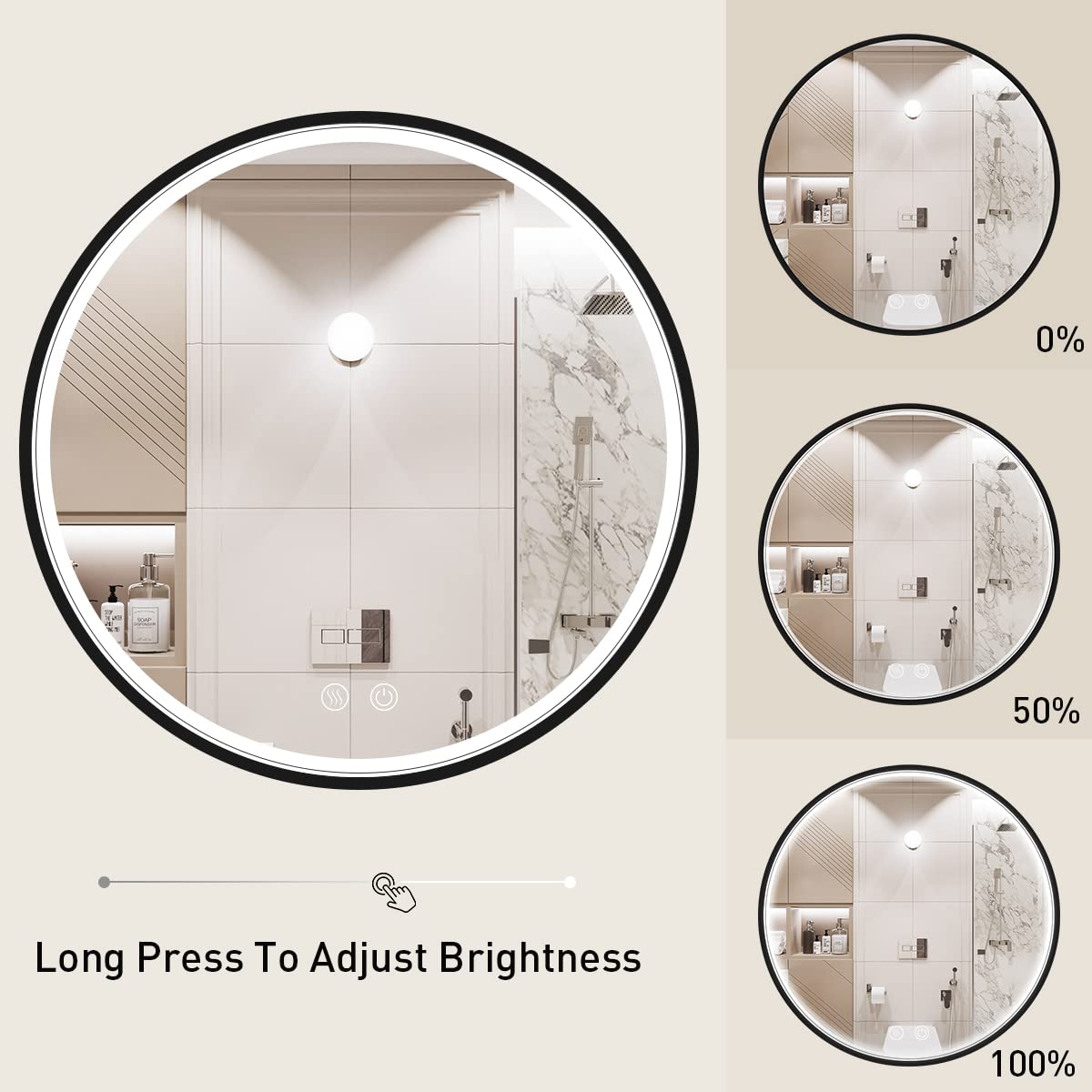 LED Round Mirror,36 Inch Gold Frame Bathroom Mirror with Light,6000K Lighted Vanity Mirror,Wall Mounted,Anti-Fog & Dimmable Touch Switch, Waterproof IP54