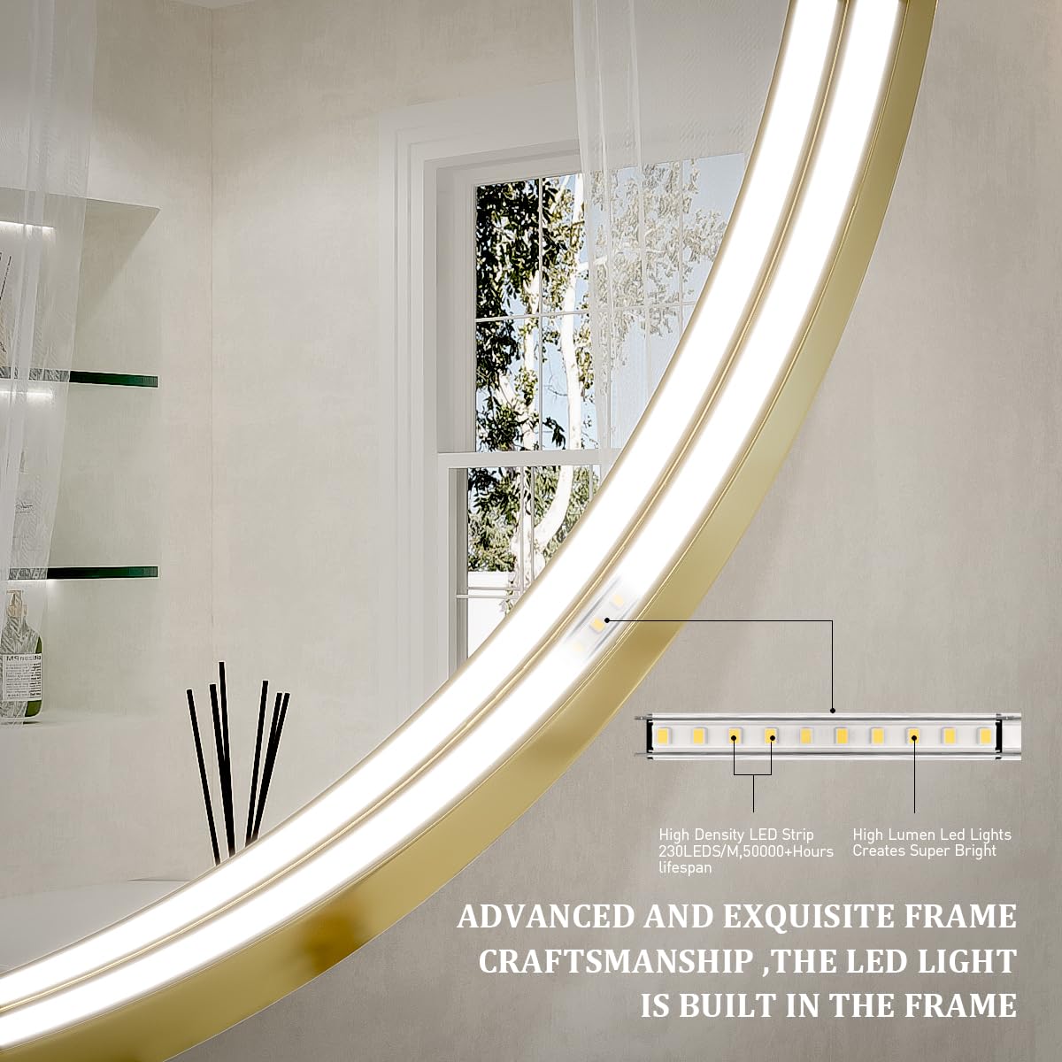 LED Round Mirror,36 Inch Gold Frame Bathroom Mirror with Light,6000K Lighted Vanity Mirror,Wall Mounted,Anti-Fog & Dimmable Touch Switch, Waterproof IP54