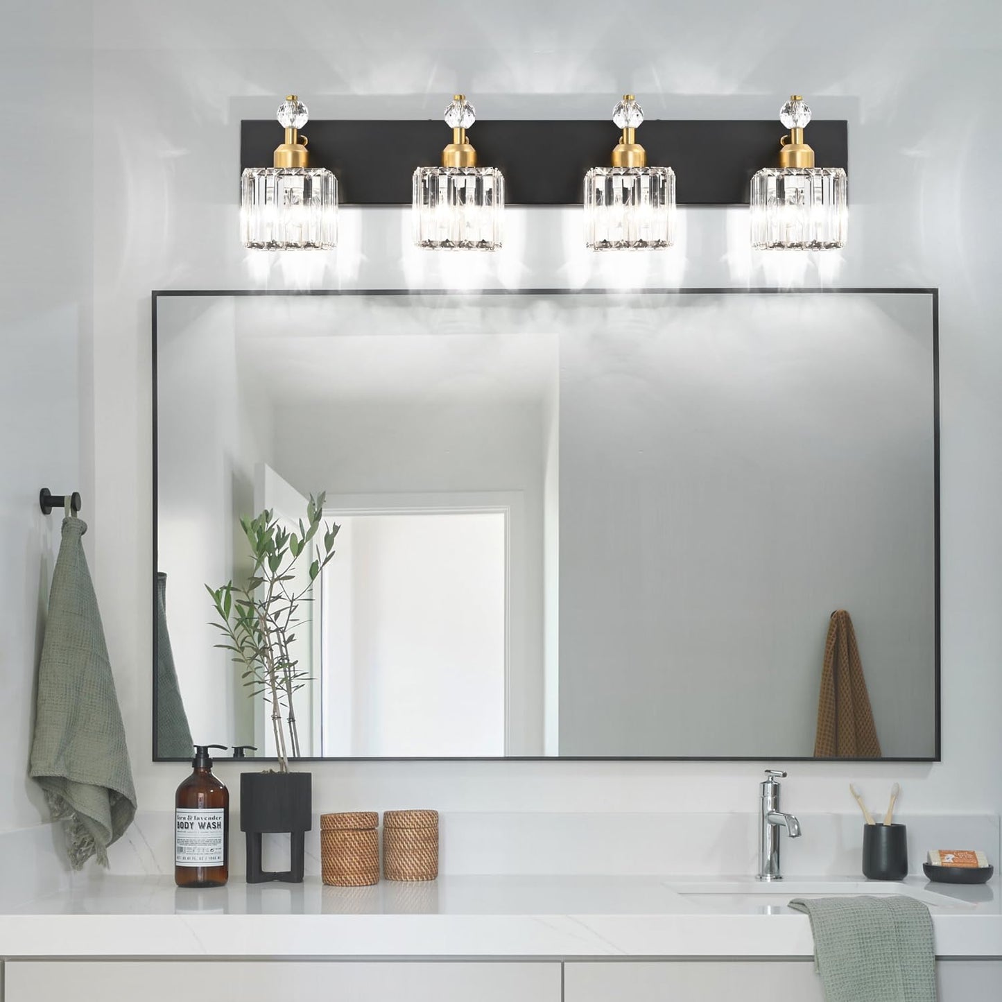 PRESDE Black Gold Crystal Bathroom Vanity Lights Fixtures Over Mirror Modern 3 Light Bath Wall Lighting
