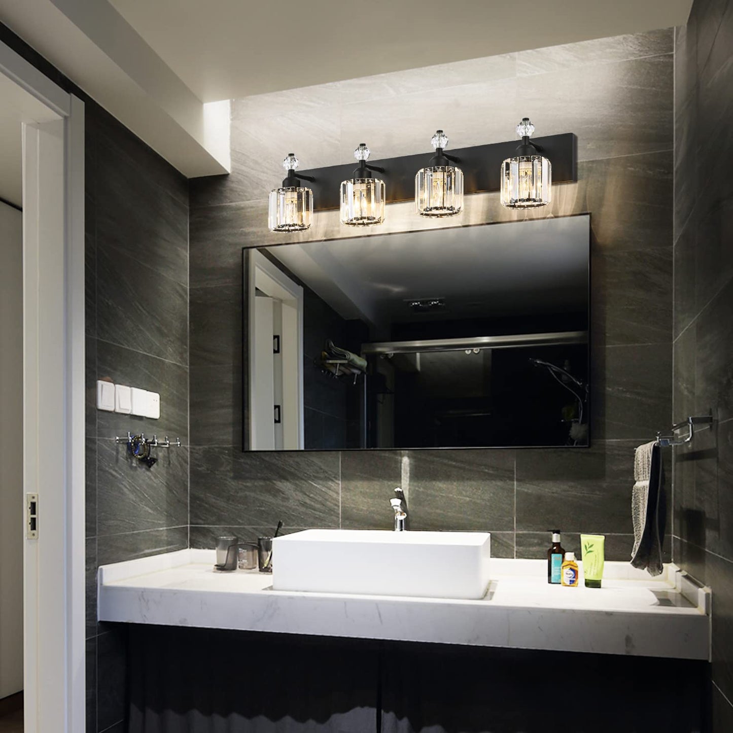 PRESDE Black Gold Crystal Bathroom Vanity Lights Fixtures Over Mirror Modern 3 Light Bath Wall Lighting