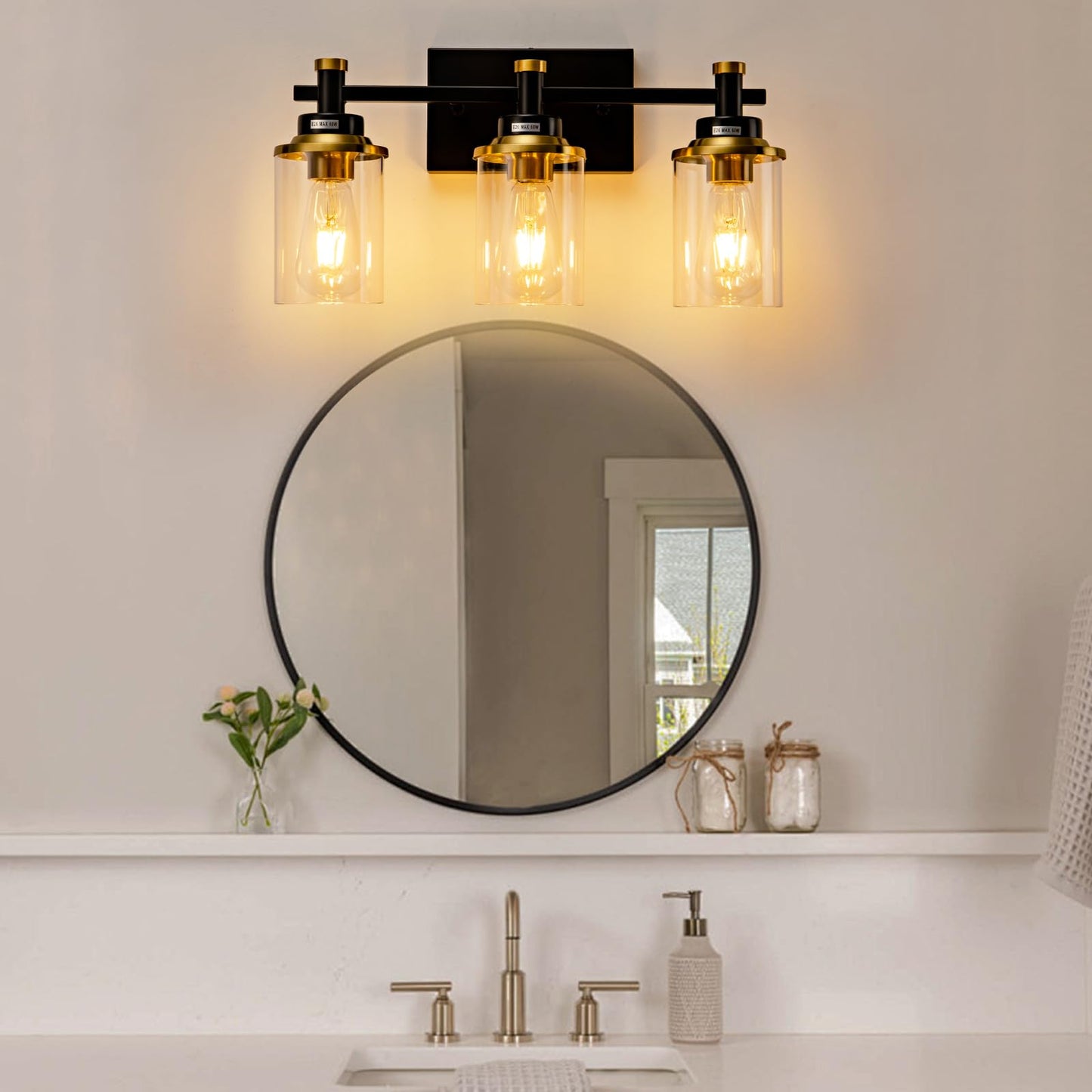 3 Light Bathroom Light Fixtures, Black and Brushed Gold Vanity Light Fixture Over Mirror, Modern Wall Sconces Lighting Wall Lamp for Bathroom, Bedroom, Hallway with Clear Glass Shade