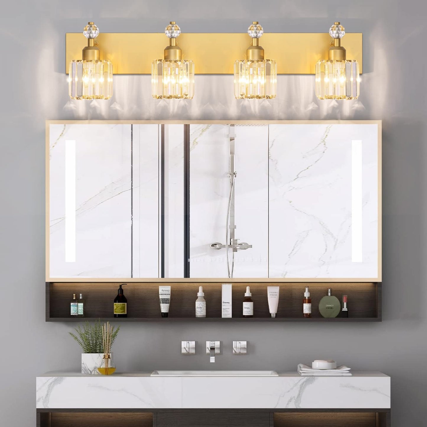 PRESDE Black Gold Crystal Bathroom Vanity Lights Fixtures Over Mirror Modern 3 Light Bath Wall Lighting