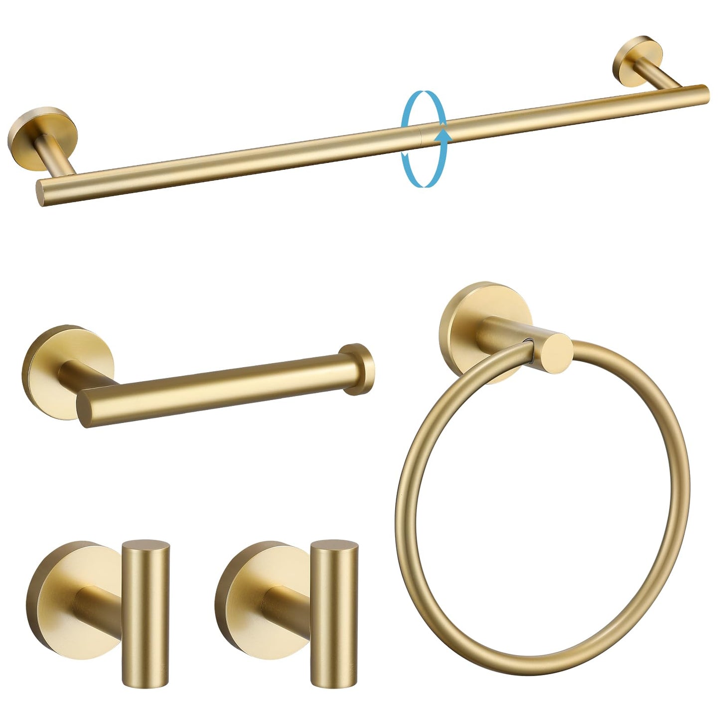 TURS Brushed Gold 5 Piece Bathroom Hardware Set, SUS304 Stainless Steel 24 Inch Bath Towel Bar Set, Round Bathroom Accessories Kit Wall Mounted