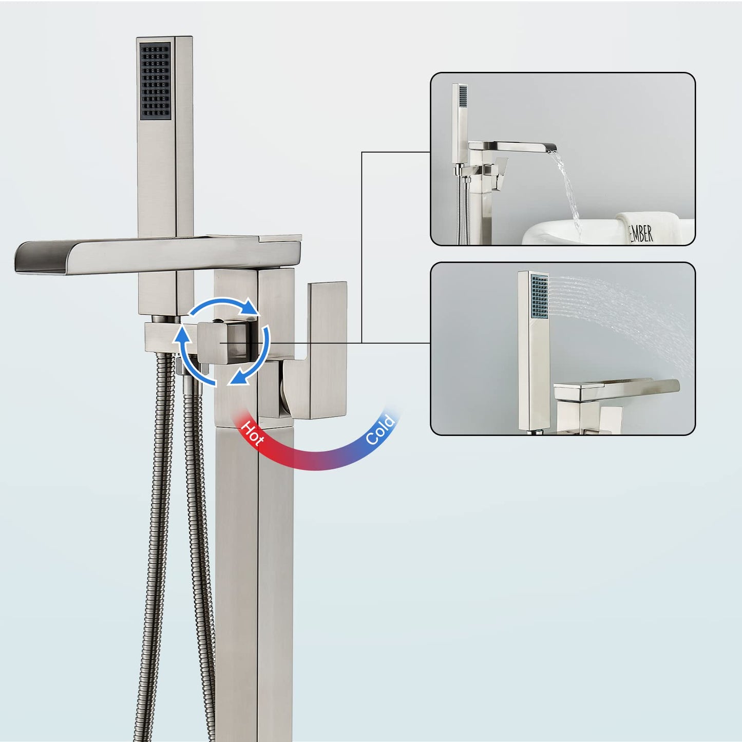 YAGATAP Freestanding Bathtub Faucet Floor Mount Tub Filler Matte Black High Flow Shower Faucets with Handheld Shower Mixer Taps Swivel Spout