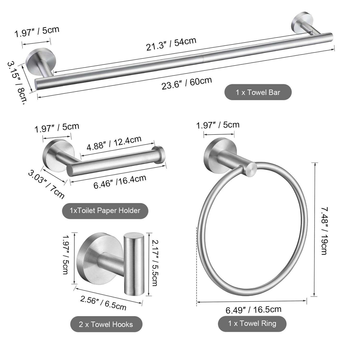 TURS Brushed Gold 5 Piece Bathroom Hardware Set, SUS304 Stainless Steel 24 Inch Bath Towel Bar Set, Round Bathroom Accessories Kit Wall Mounted