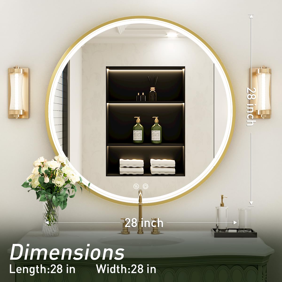 LED Round Mirror,36 Inch Gold Frame Bathroom Mirror with Light,6000K Lighted Vanity Mirror,Wall Mounted,Anti-Fog & Dimmable Touch Switch, Waterproof IP54