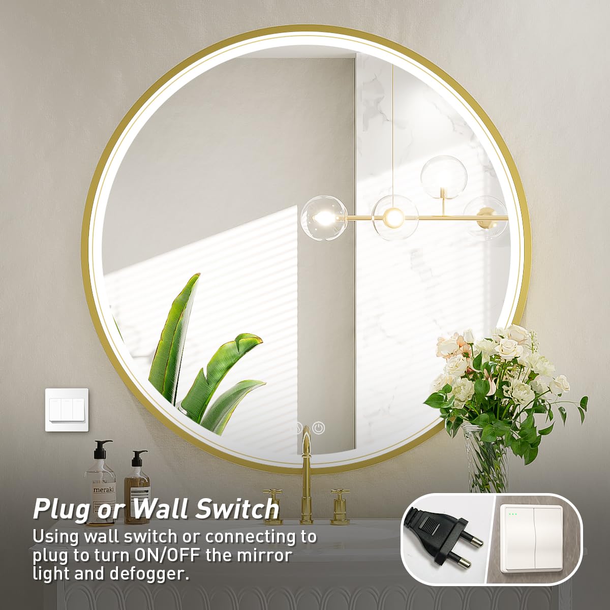 LED Round Mirror,36 Inch Gold Frame Bathroom Mirror with Light,6000K Lighted Vanity Mirror,Wall Mounted,Anti-Fog & Dimmable Touch Switch, Waterproof IP54
