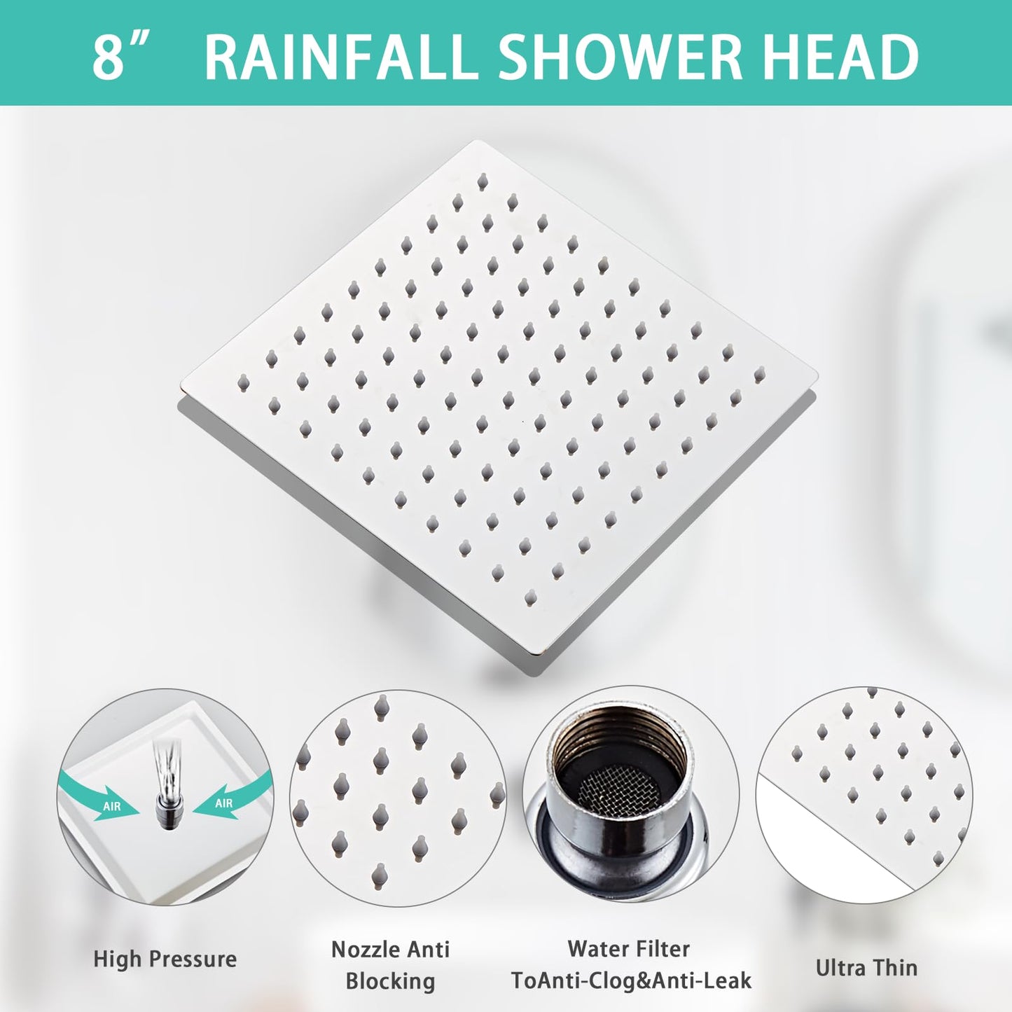 8 Inch Shower Faucet Set, Rainfall Shower System with High Pressure Handheld Shower Head, Bathroom Mixer Shower Set Wall Mounted Rough-in Valve and Trim Kit, with Tub Spout