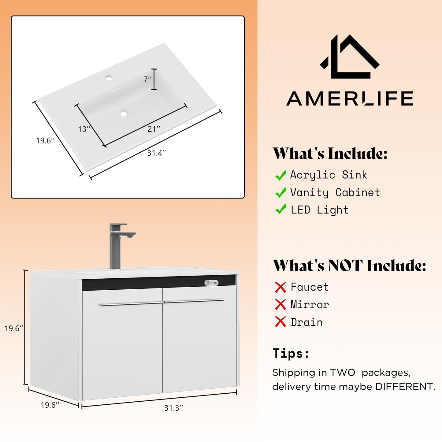 AMERLIFE 31" LED Floating Bathroom Vanity with Sink, High Gloss Single Sink Wall Mounted Bathroom Storage Vanity Cabinet, Modern Bathroom Sink Cabinet with Metal Handles, White