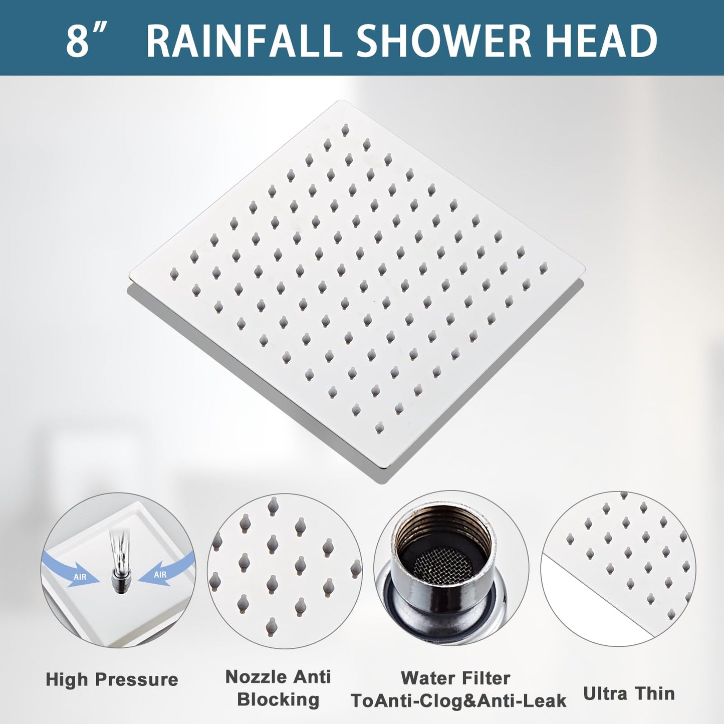 8 Inch Shower Faucet Set, Rainfall Shower System with High Pressure Handheld Shower Head, Bathroom Mixer Shower Set Wall Mounted Rough-in Valve and Trim Kit, with Tub Spout