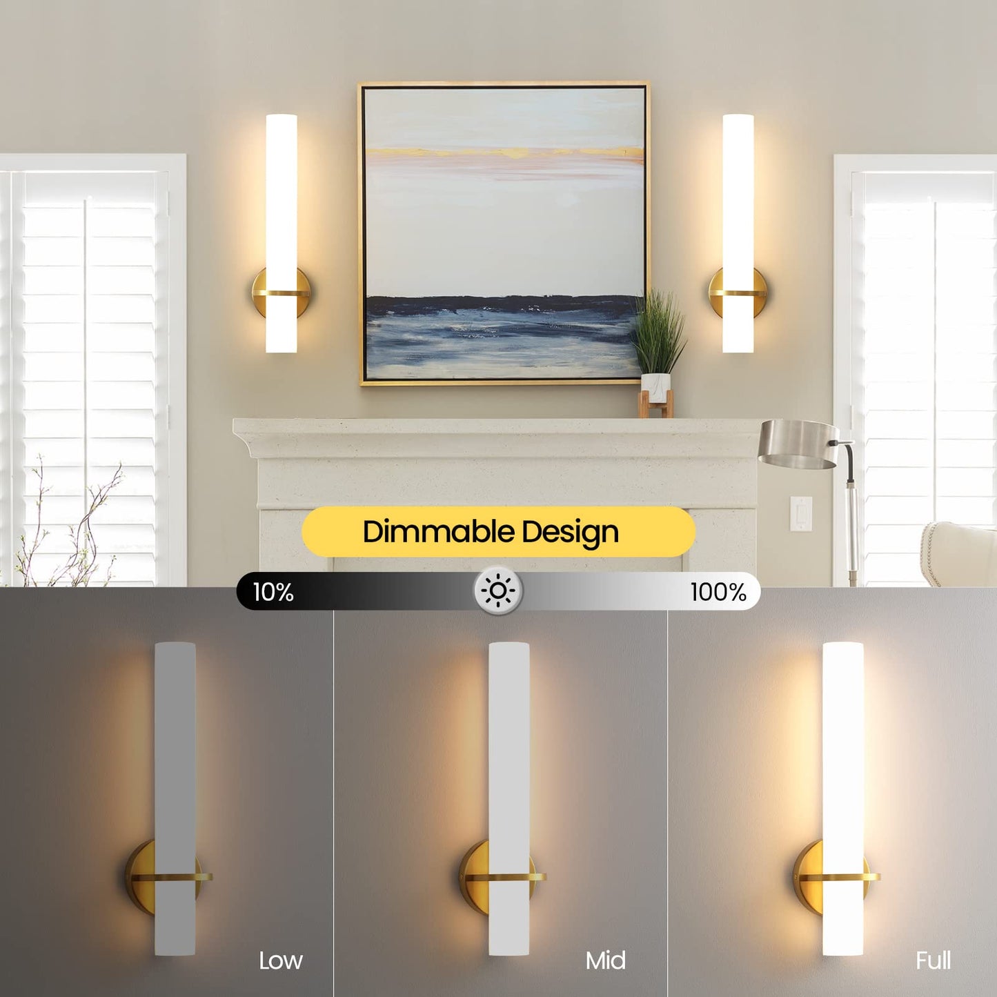 Gold Wall Sconces Set of Two - Dimmable Modern Sconces Wall Lighting 18W 3000K Led Wall Lights Acrylic Lampshade Hardwired Wall Light Fixtures for Living Room Bedroom Bathroom Hallway 18inch