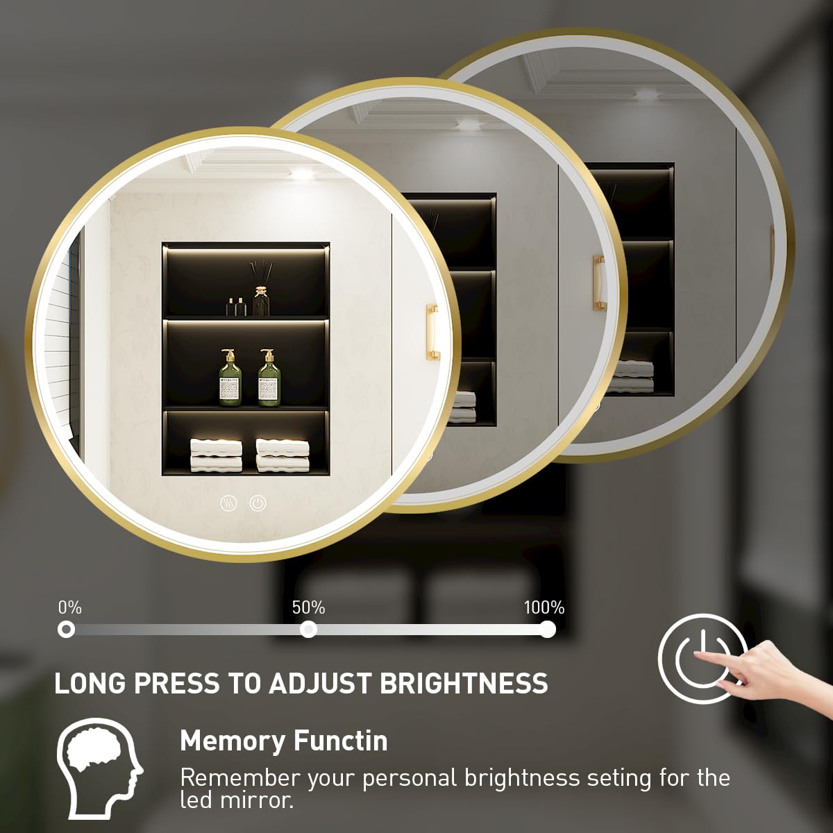 LED Round Mirror,36 Inch Gold Frame Bathroom Mirror with Light,6000K Lighted Vanity Mirror,Wall Mounted,Anti-Fog & Dimmable Touch Switch, Waterproof IP54