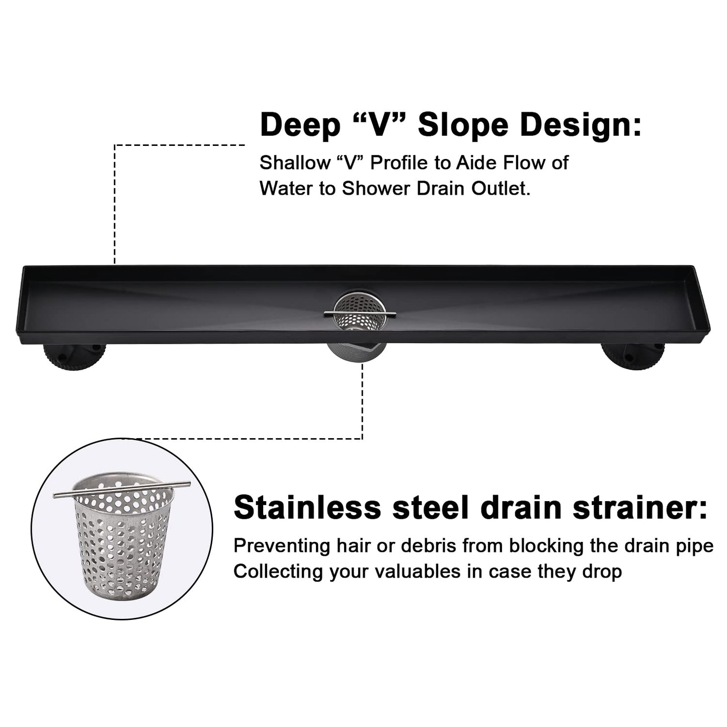 Linear Shower Floor Drain, Black 24 Inch 304 Stainless Steel Bathroom Drains Kit, Rectangular Shower Trench Drain with Reversable Tile-in Pattern Drain Cover & Hair Catcher