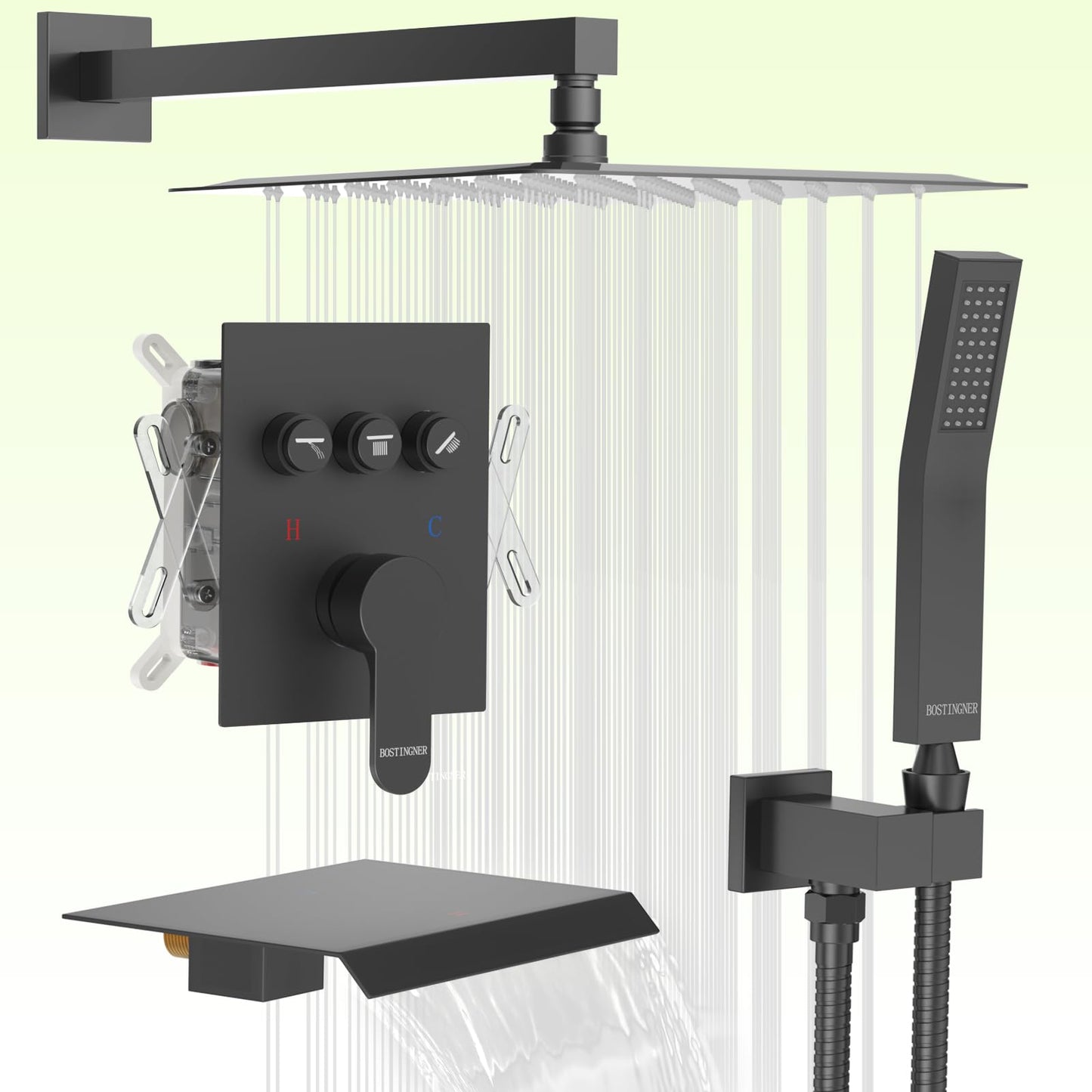 Matte Black Shower System, Shower Faucet Set with 3 Way Pressure Balance Valve and Trim Kit All Metal 10 Inch Rainfall Shower Head System Wall Mounted Can Use All Faucets At Same Time