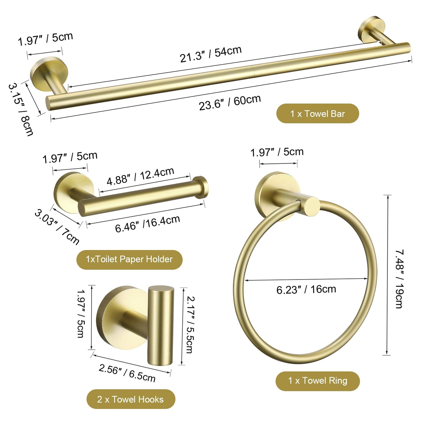 TURS Brushed Gold 5 Piece Bathroom Hardware Set, SUS304 Stainless Steel 24 Inch Bath Towel Bar Set, Round Bathroom Accessories Kit Wall Mounted