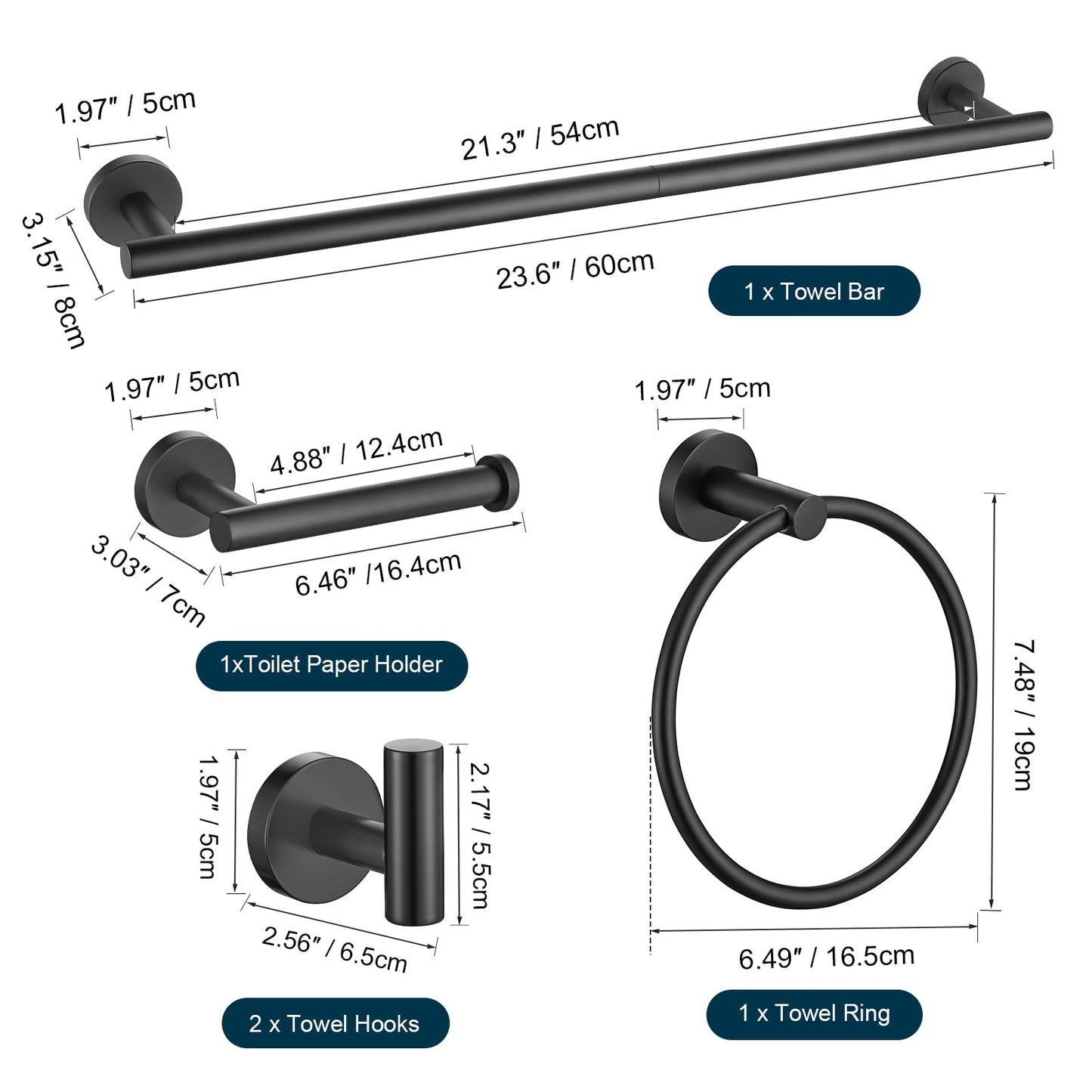 TURS Brushed Gold 5 Piece Bathroom Hardware Set, SUS304 Stainless Steel 24 Inch Bath Towel Bar Set, Round Bathroom Accessories Kit Wall Mounted