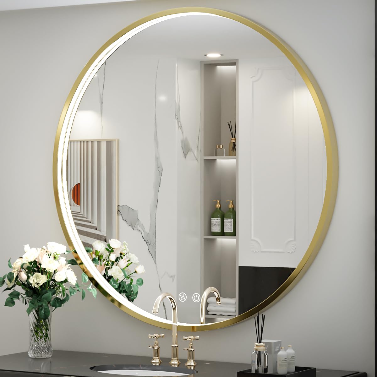LED Round Mirror,36 Inch Gold Frame Bathroom Mirror with Light,6000K Lighted Vanity Mirror,Wall Mounted,Anti-Fog & Dimmable Touch Switch, Waterproof IP54