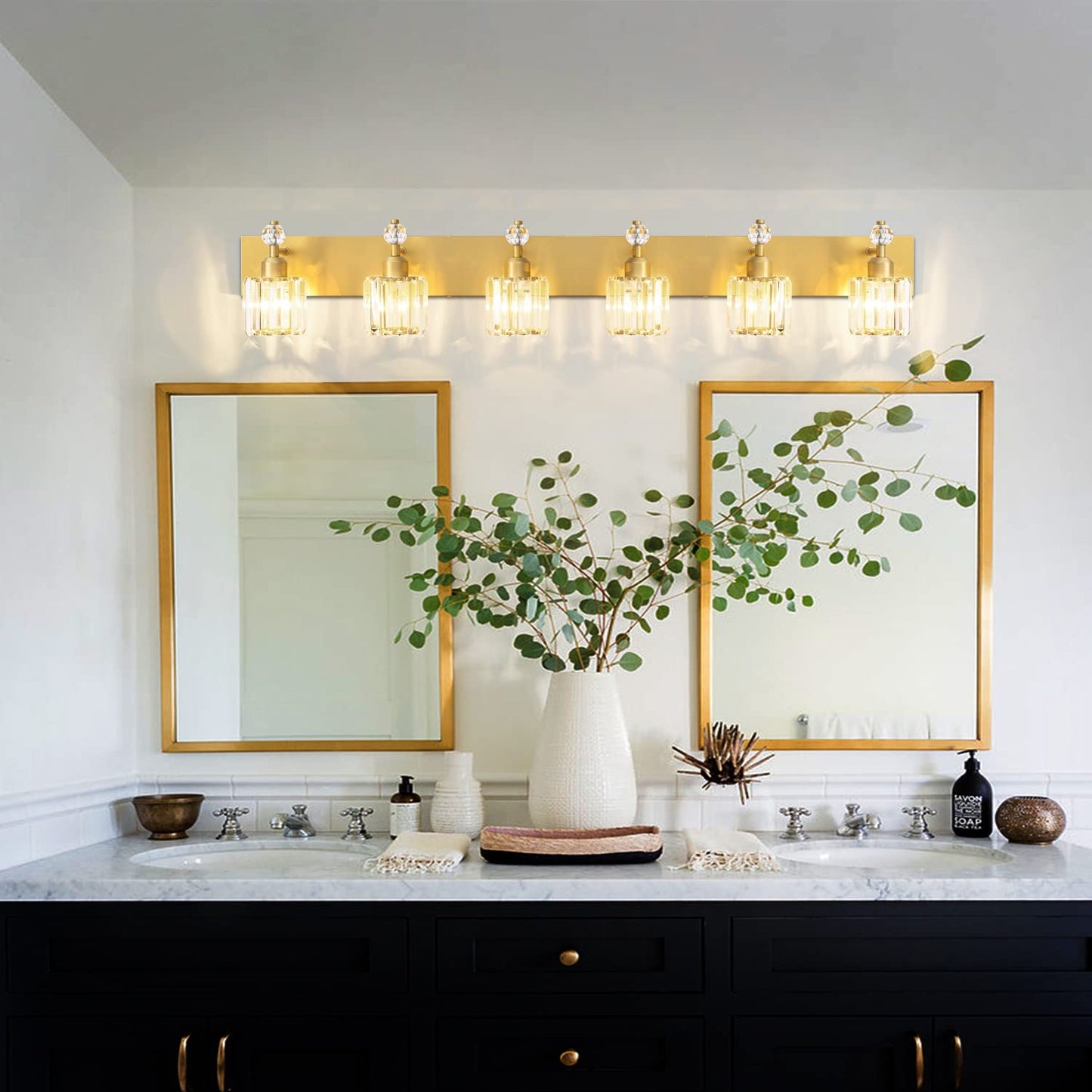 PRESDE Black Gold Crystal Bathroom Vanity Lights Fixtures Over Mirror Modern 3 Light Bath Wall Lighting