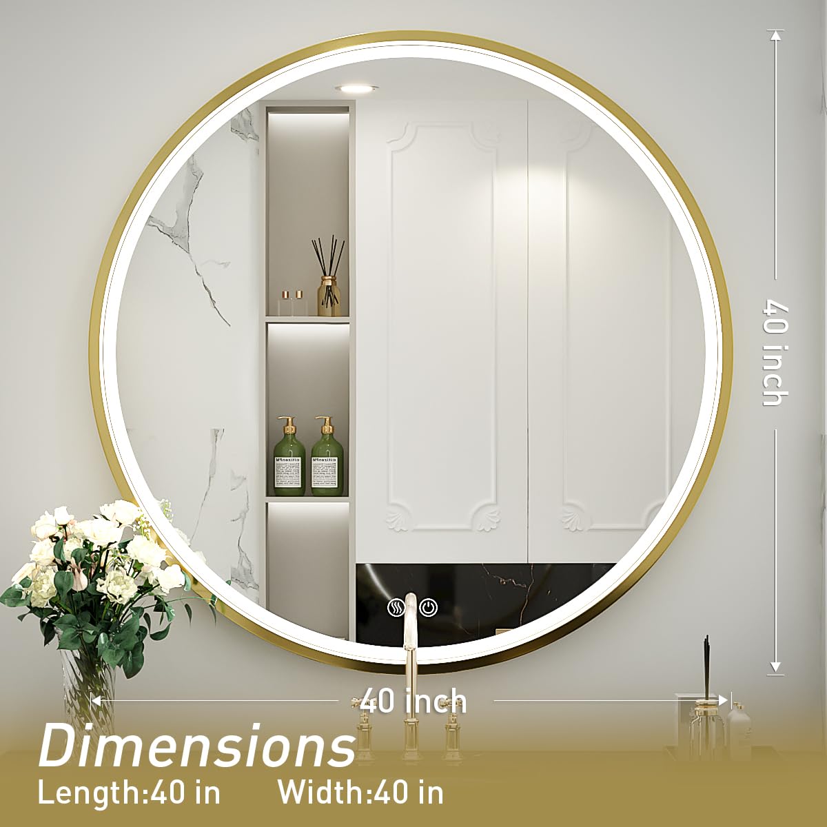 LED Round Mirror,36 Inch Gold Frame Bathroom Mirror with Light,6000K Lighted Vanity Mirror,Wall Mounted,Anti-Fog & Dimmable Touch Switch, Waterproof IP54