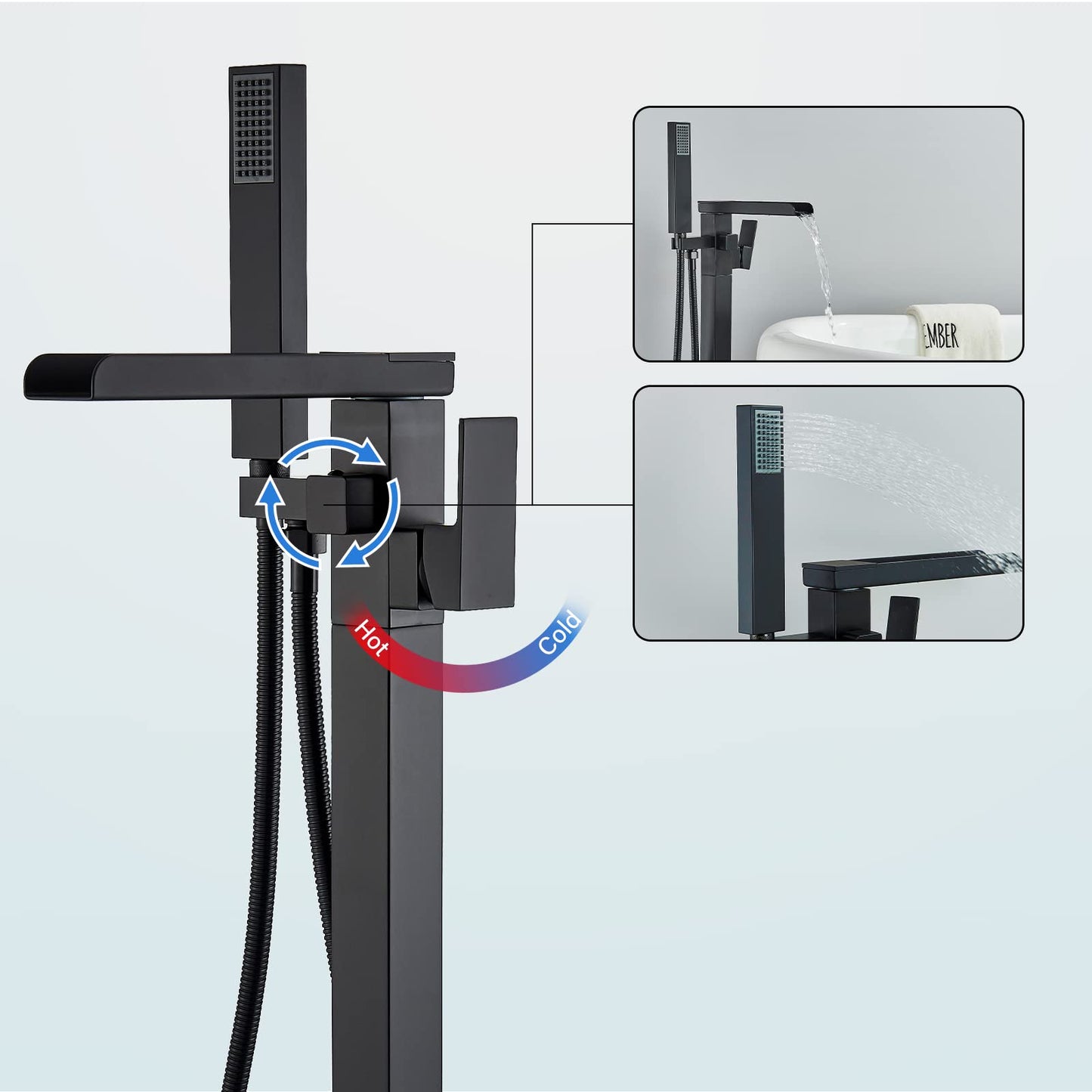 YAGATAP Freestanding Bathtub Faucet Floor Mount Tub Filler Matte Black High Flow Shower Faucets with Handheld Shower Mixer Taps Swivel Spout