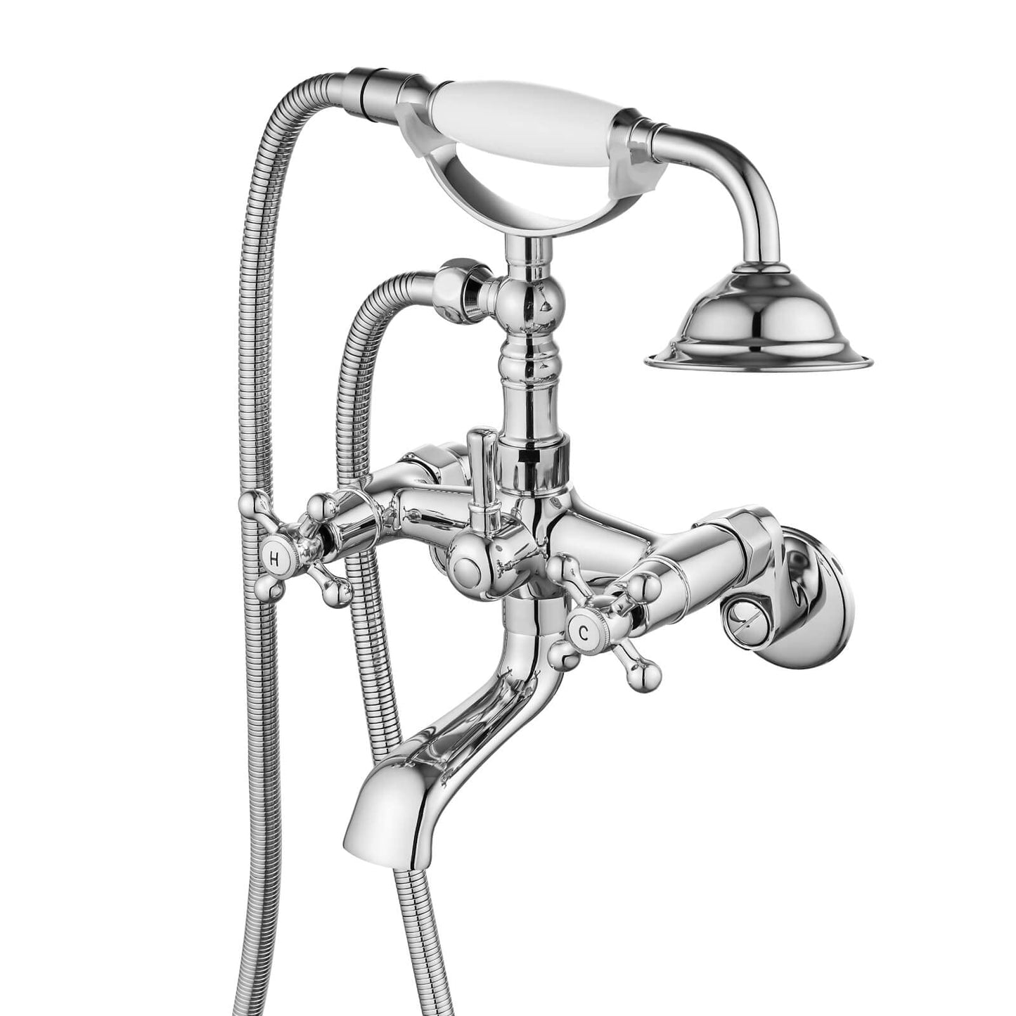 gotonovo Bathtub Clawfoot Faucet Brushed Nickel Finish Wall Mount Tub Filler with Hand Held Shower Faucet 2 Cross Handles with Tub Spout Victorian Vintage Telephone Style