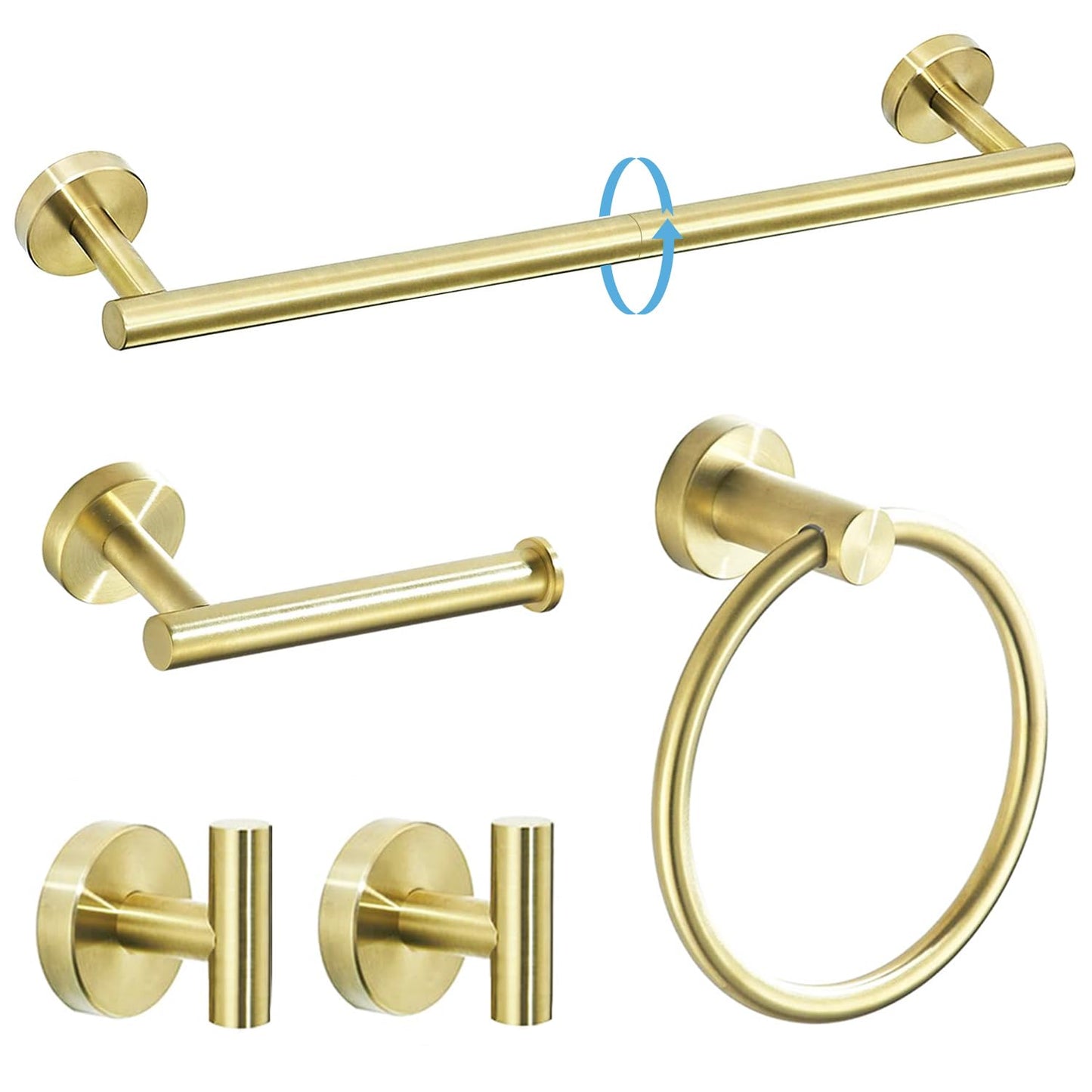 TURS Brushed Gold 5 Piece Bathroom Hardware Set, SUS304 Stainless Steel 24 Inch Bath Towel Bar Set, Round Bathroom Accessories Kit Wall Mounted