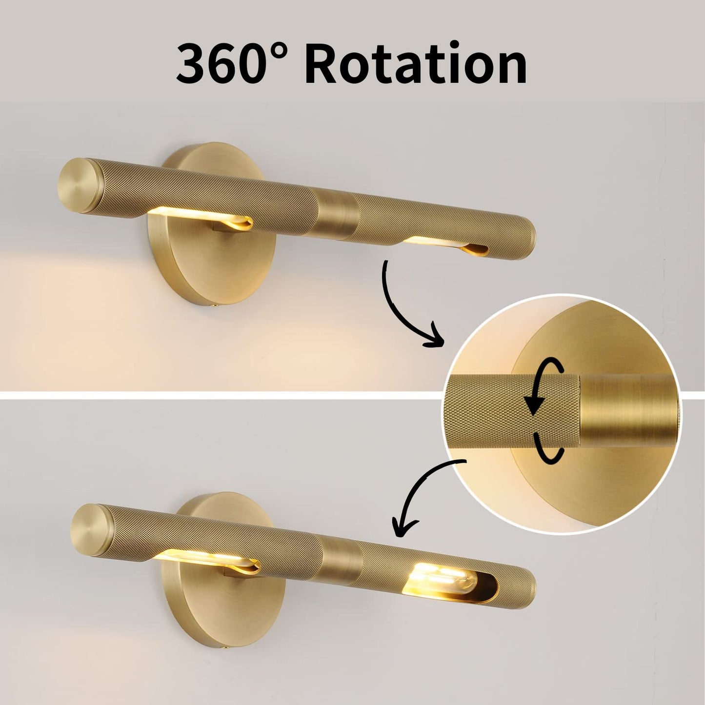 Knurled Brass Picture Light,19 in Gold Picture Lights For Wall,Rotatable 360° Wall Sconces Lighting,Bathroom Vanity Light,Bathroom Wall Sconce,Linear Knurled texture Wall Sconce,Includes bulbs