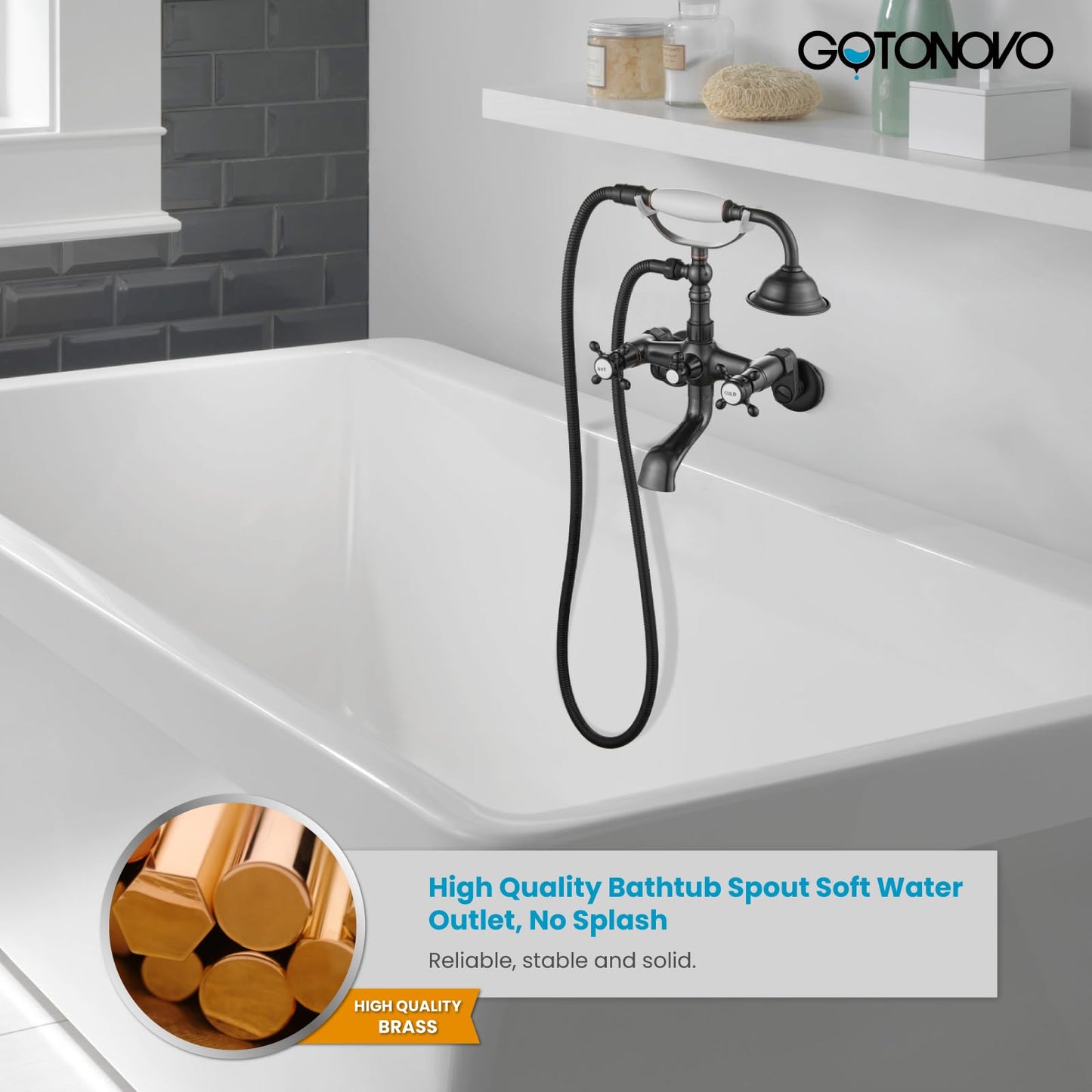 gotonovo Bathtub Clawfoot Faucet Brushed Nickel Finish Wall Mount Tub Filler with Hand Held Shower Faucet 2 Cross Handles with Tub Spout Victorian Vintage Telephone Style
