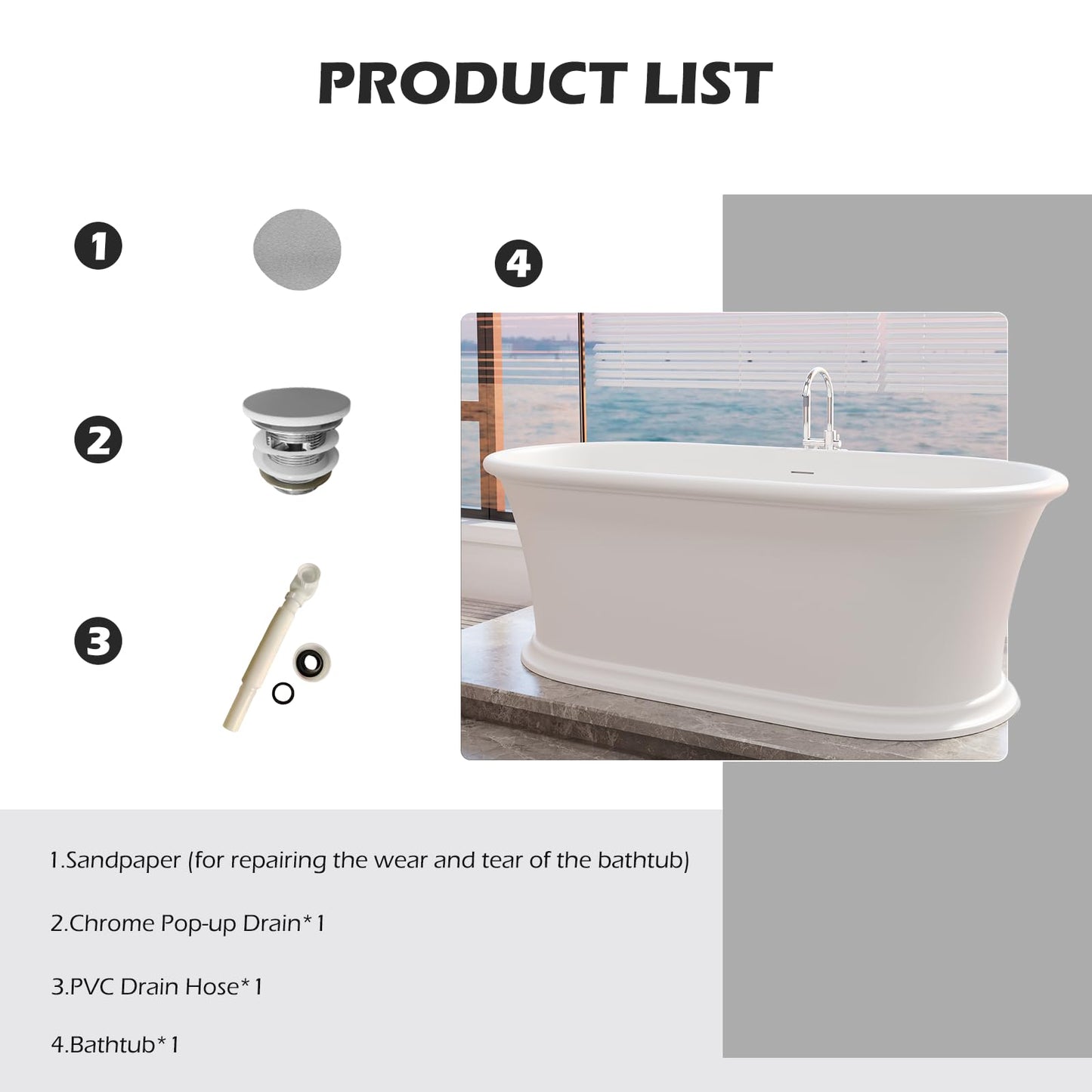 Freestanding Solid Surface Resin Stone Bathtub, Contemporary Design Stand Alone Tub with Pop-up Drain and Overflow, cUPC Certified (PO1041)