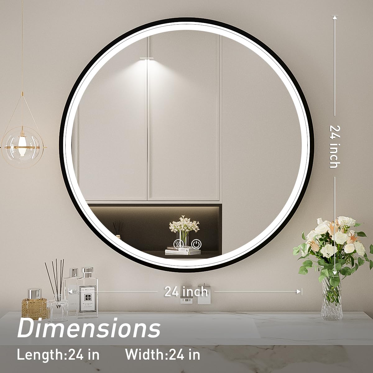 LED Round Mirror,36 Inch Gold Frame Bathroom Mirror with Light,6000K Lighted Vanity Mirror,Wall Mounted,Anti-Fog & Dimmable Touch Switch, Waterproof IP54