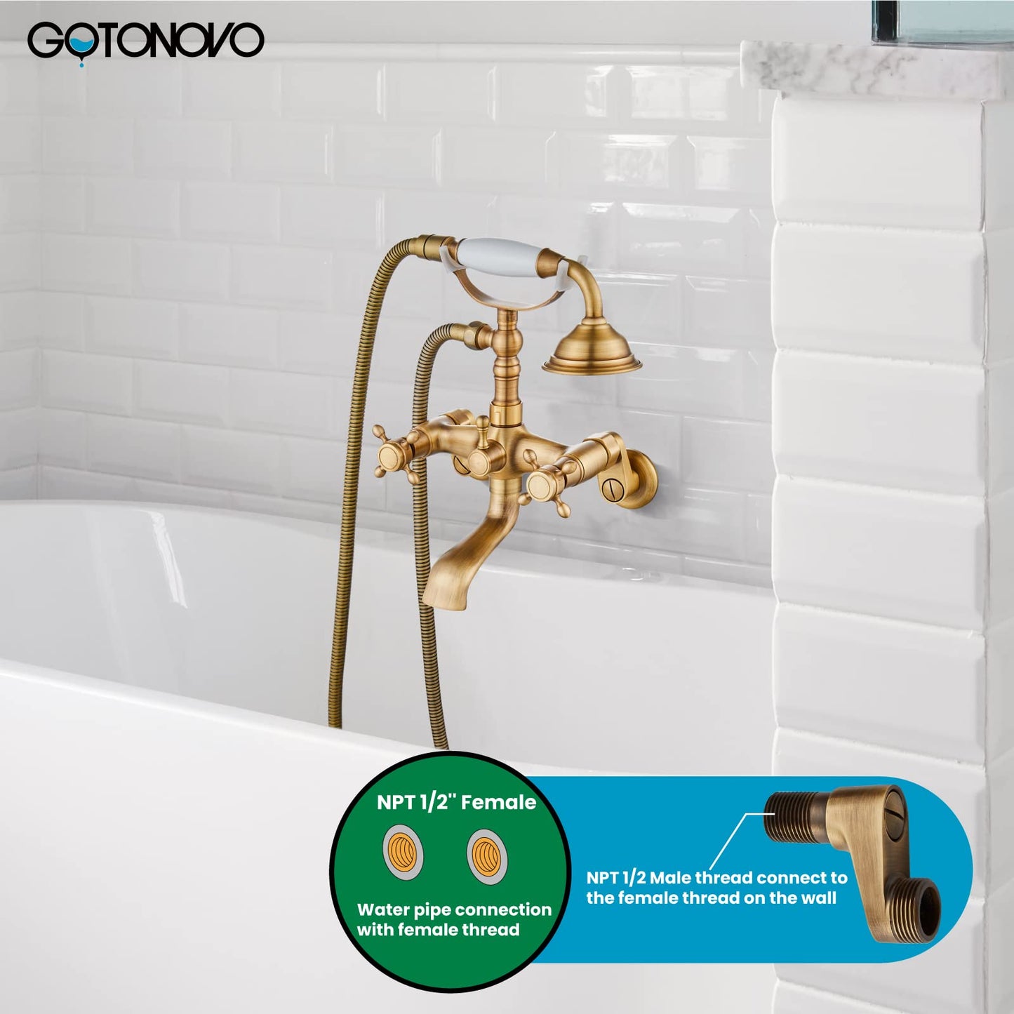 gotonovo Bathtub Clawfoot Faucet Brushed Nickel Finish Wall Mount Tub Filler with Hand Held Shower Faucet 2 Cross Handles with Tub Spout Victorian Vintage Telephone Style