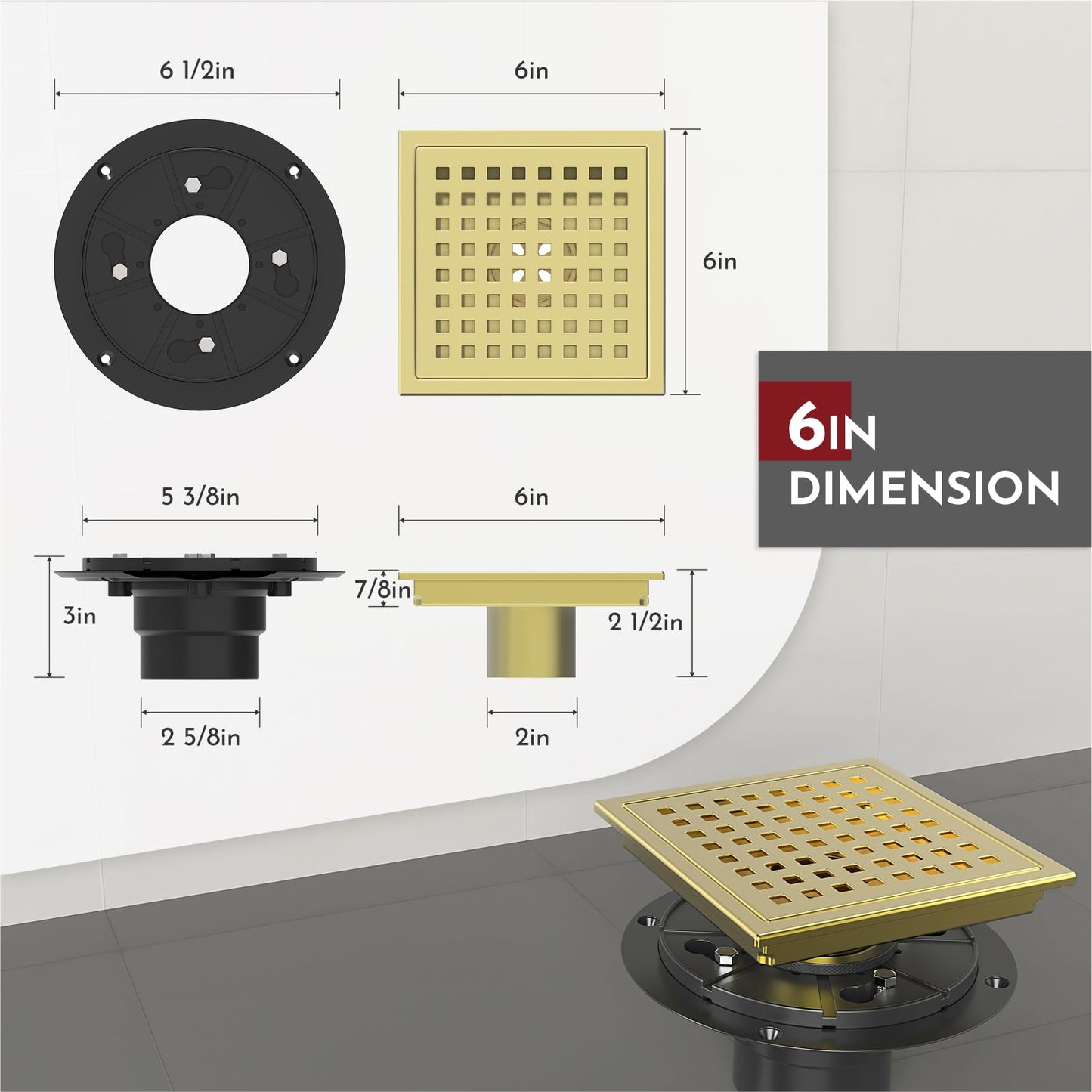 6 Inch Square Shower Floor Drain with Flange,Quadrato Pattern Grate Removable,Food-grade SUS 304 Stainless Steel,WATERMARK&CUPC Certified, Brushed Gold