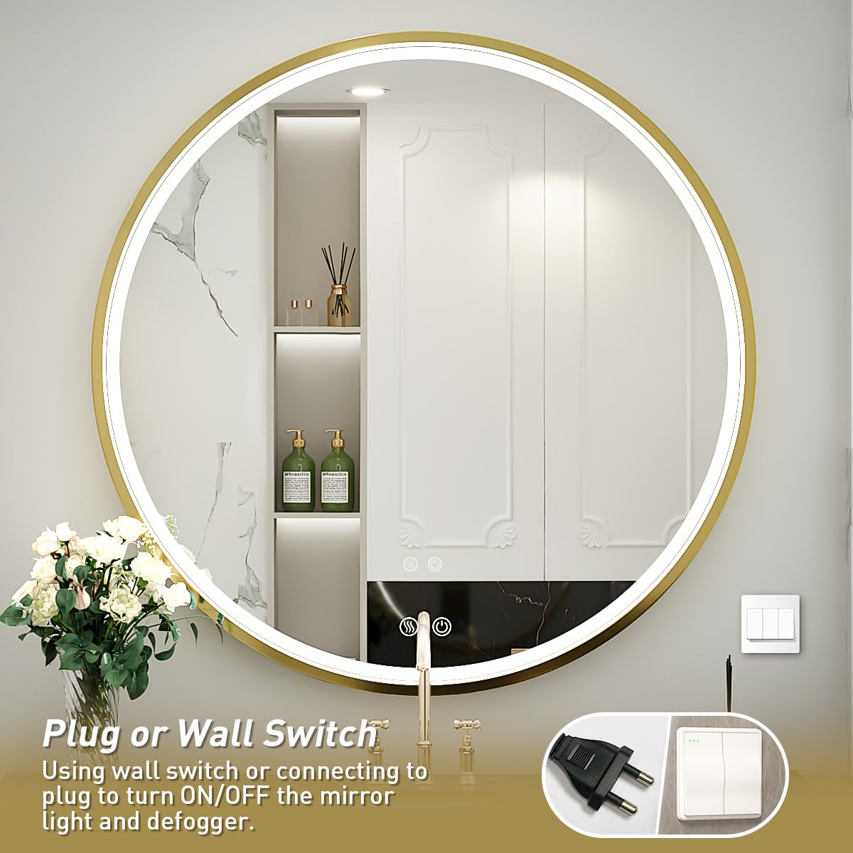 LED Round Mirror,36 Inch Gold Frame Bathroom Mirror with Light,6000K Lighted Vanity Mirror,Wall Mounted,Anti-Fog & Dimmable Touch Switch, Waterproof IP54