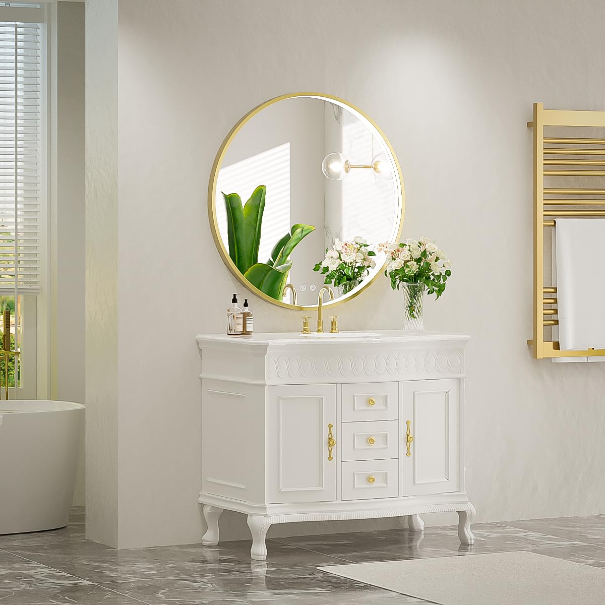 LED Round Mirror,36 Inch Gold Frame Bathroom Mirror with Light,6000K Lighted Vanity Mirror,Wall Mounted,Anti-Fog & Dimmable Touch Switch, Waterproof IP54