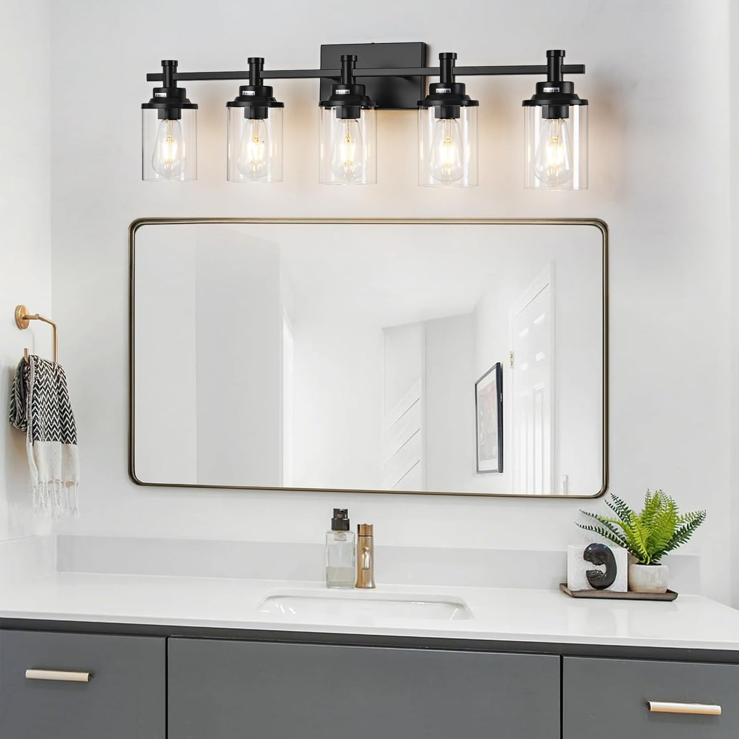 3 Light Bathroom Light Fixtures, Black and Brushed Gold Vanity Light Fixture Over Mirror, Modern Wall Sconces Lighting Wall Lamp for Bathroom, Bedroom, Hallway with Clear Glass Shade
