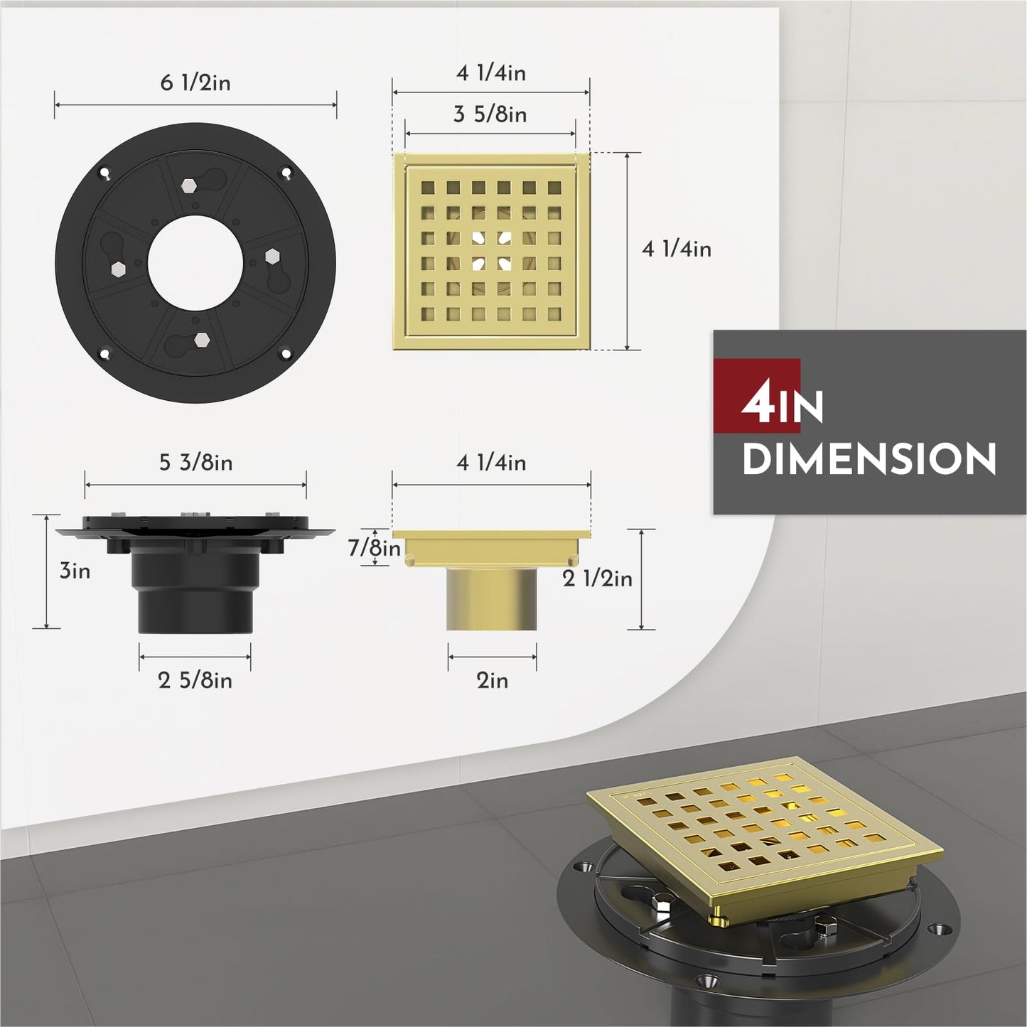 6 Inch Square Shower Floor Drain with Flange,Quadrato Pattern Grate Removable,Food-grade SUS 304 Stainless Steel,WATERMARK&CUPC Certified, Brushed Gold
