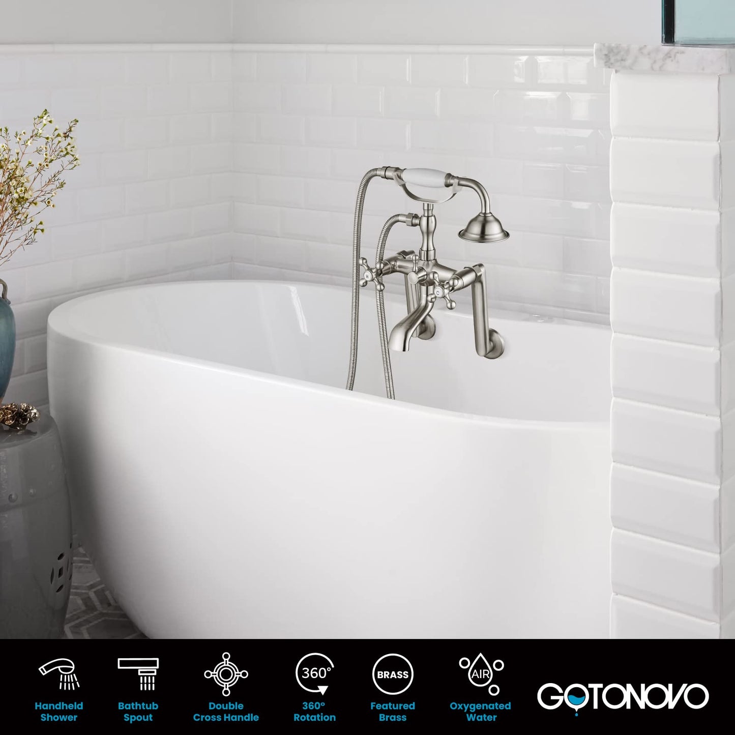 gotonovo Bathtub Clawfoot Faucet Brushed Nickel Finish Wall Mount Tub Filler with Hand Held Shower Faucet 2 Cross Handles with Tub Spout Victorian Vintage Telephone Style