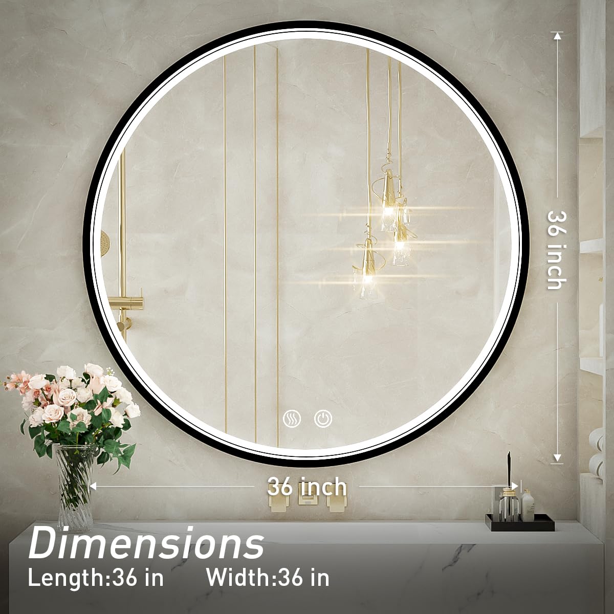 LED Round Mirror,36 Inch Gold Frame Bathroom Mirror with Light,6000K Lighted Vanity Mirror,Wall Mounted,Anti-Fog & Dimmable Touch Switch, Waterproof IP54