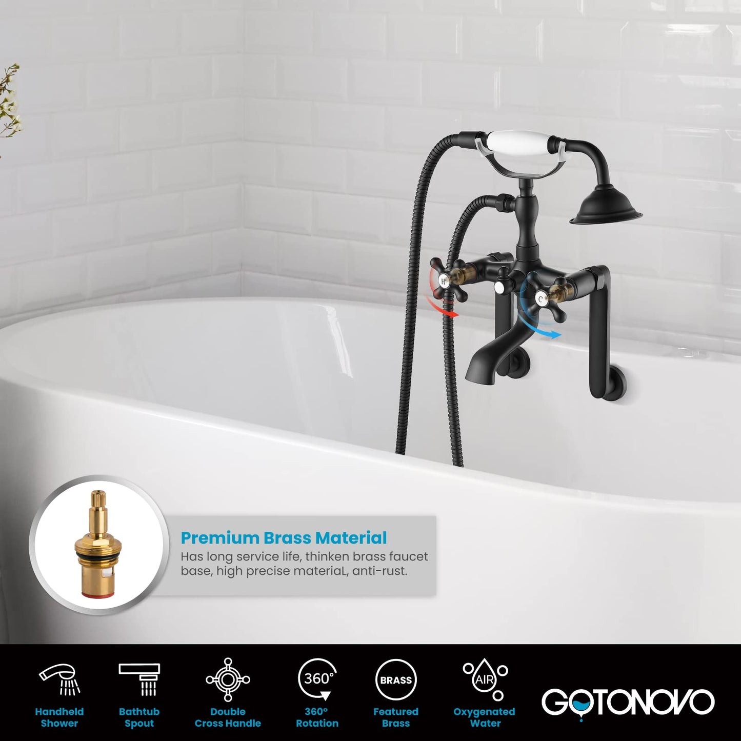 gotonovo Bathtub Clawfoot Faucet Brushed Nickel Finish Wall Mount Tub Filler with Hand Held Shower Faucet 2 Cross Handles with Tub Spout Victorian Vintage Telephone Style