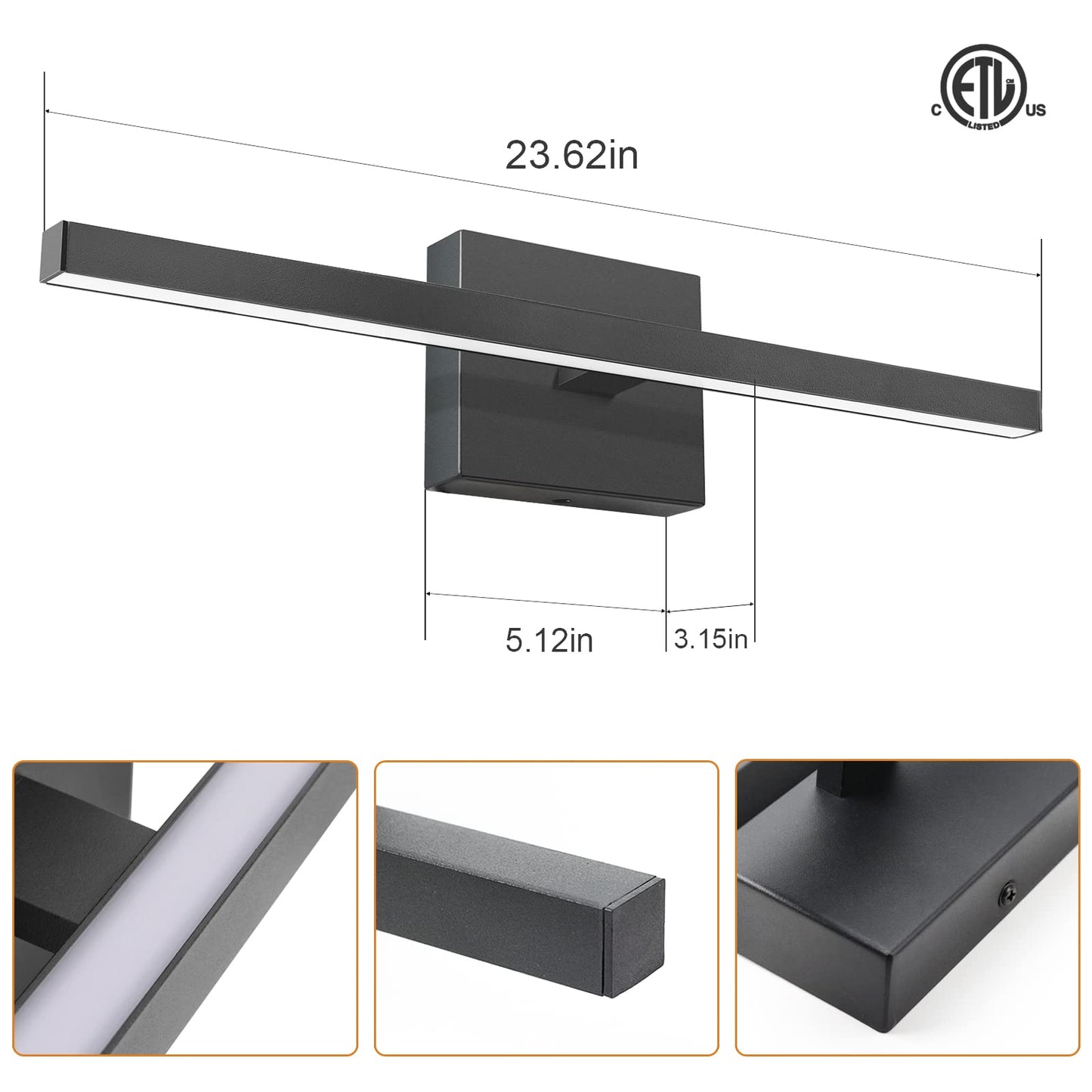 VOLISUN Modern Bathroom Vanity Light 15.7 inch, 12W Dimmable 5CCT Led Bathroom Light Fixture Over Mirror, Black Bar Vanity Light for Bathroom Mirror Restroom-ETL Certificated