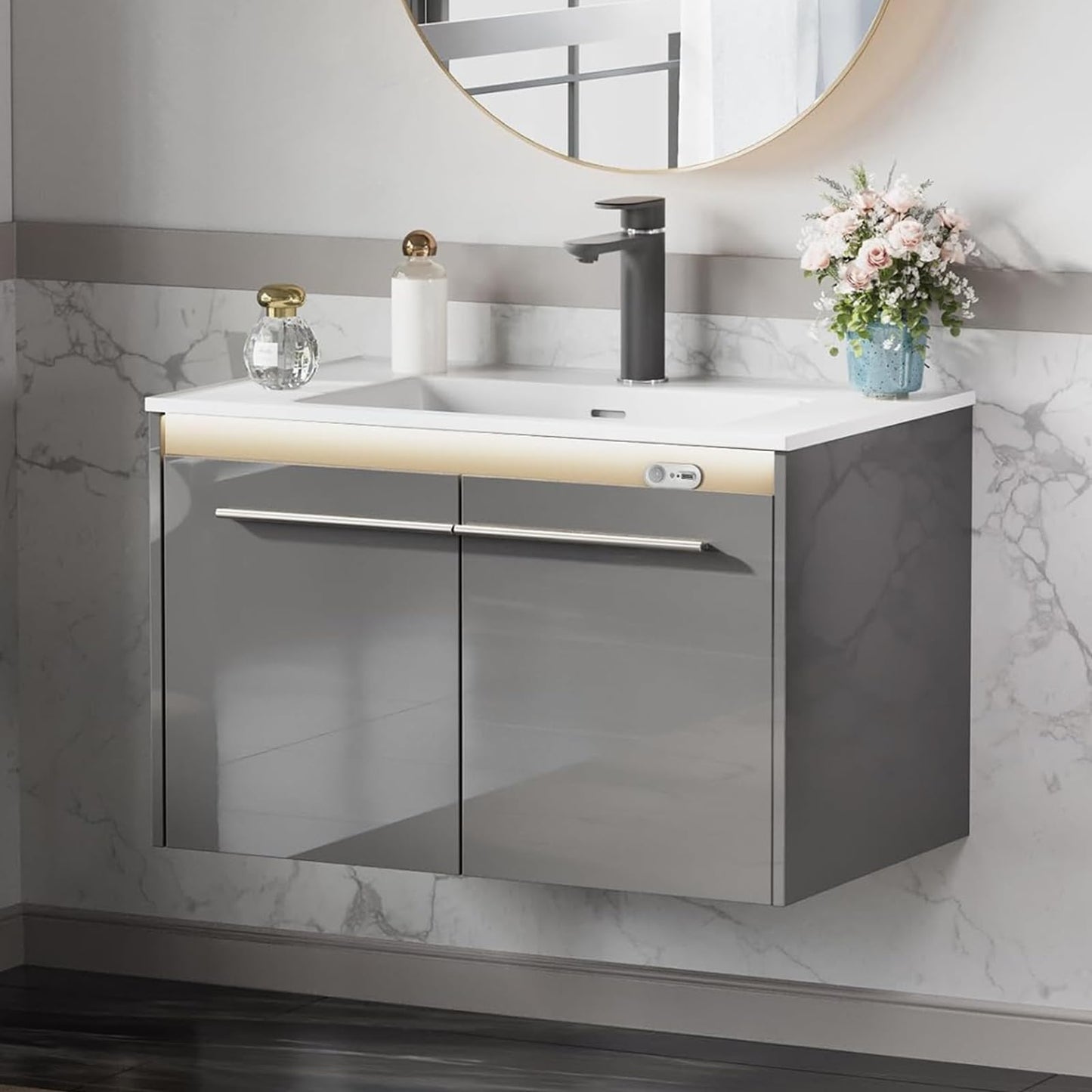 AMERLIFE 31" LED Floating Bathroom Vanity with Sink, High Gloss Single Sink Wall Mounted Bathroom Storage Vanity Cabinet, Modern Bathroom Sink Cabinet with Metal Handles, White