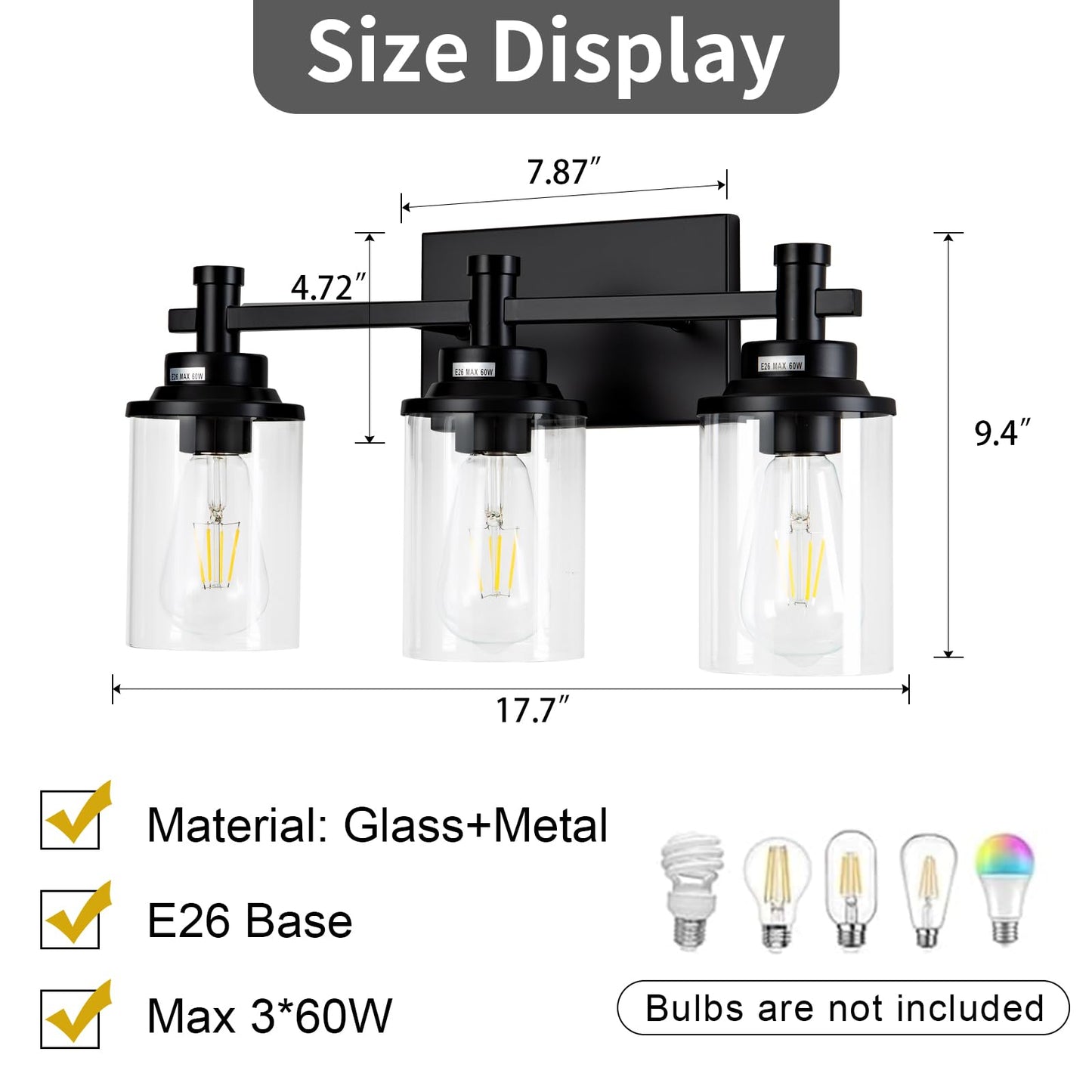 3 Light Bathroom Light Fixtures, Black and Brushed Gold Vanity Light Fixture Over Mirror, Modern Wall Sconces Lighting Wall Lamp for Bathroom, Bedroom, Hallway with Clear Glass Shade