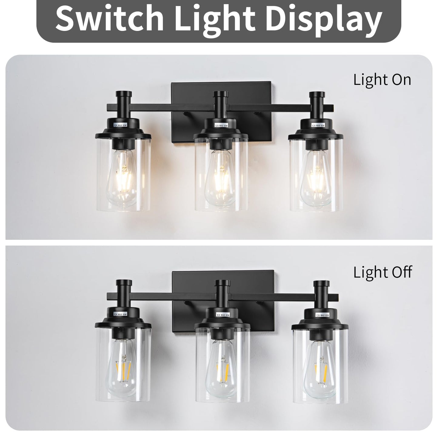 3 Light Bathroom Light Fixtures, Black and Brushed Gold Vanity Light Fixture Over Mirror, Modern Wall Sconces Lighting Wall Lamp for Bathroom, Bedroom, Hallway with Clear Glass Shade